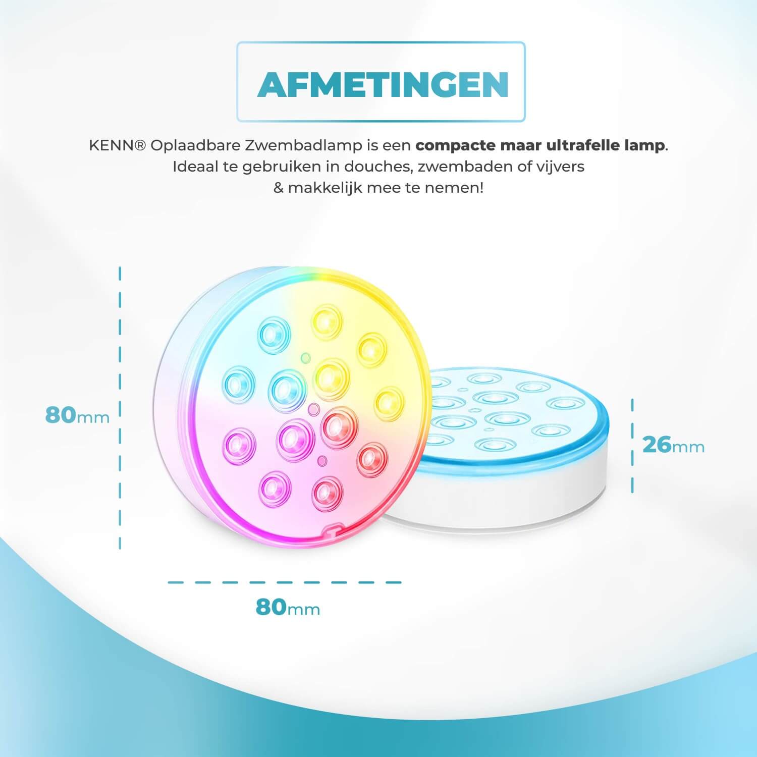 Set van 8 KENN® oplaadbare LED zwembadlampen – krachtige, volledig waterdichte onderwaterverlichting (IP68) voor zwembad, jacuzzi, vijver, bad of fontein. Inclusief 8 afstandsbedieningen met radiofrequentie (30 meter bereik), 16 kleurrijke lichteffecten, 3 modi, 3 helderheidsniveaus en timerfunctie. De lampen zijn USB-oplaadbaar en hebben een gebruiksduur tot 20 uur. Geleverd met 8 lamphouders en lijm – draadloos, veilig (CE-markering) en ideaal voor een spectaculaire lichtshow rondom water.