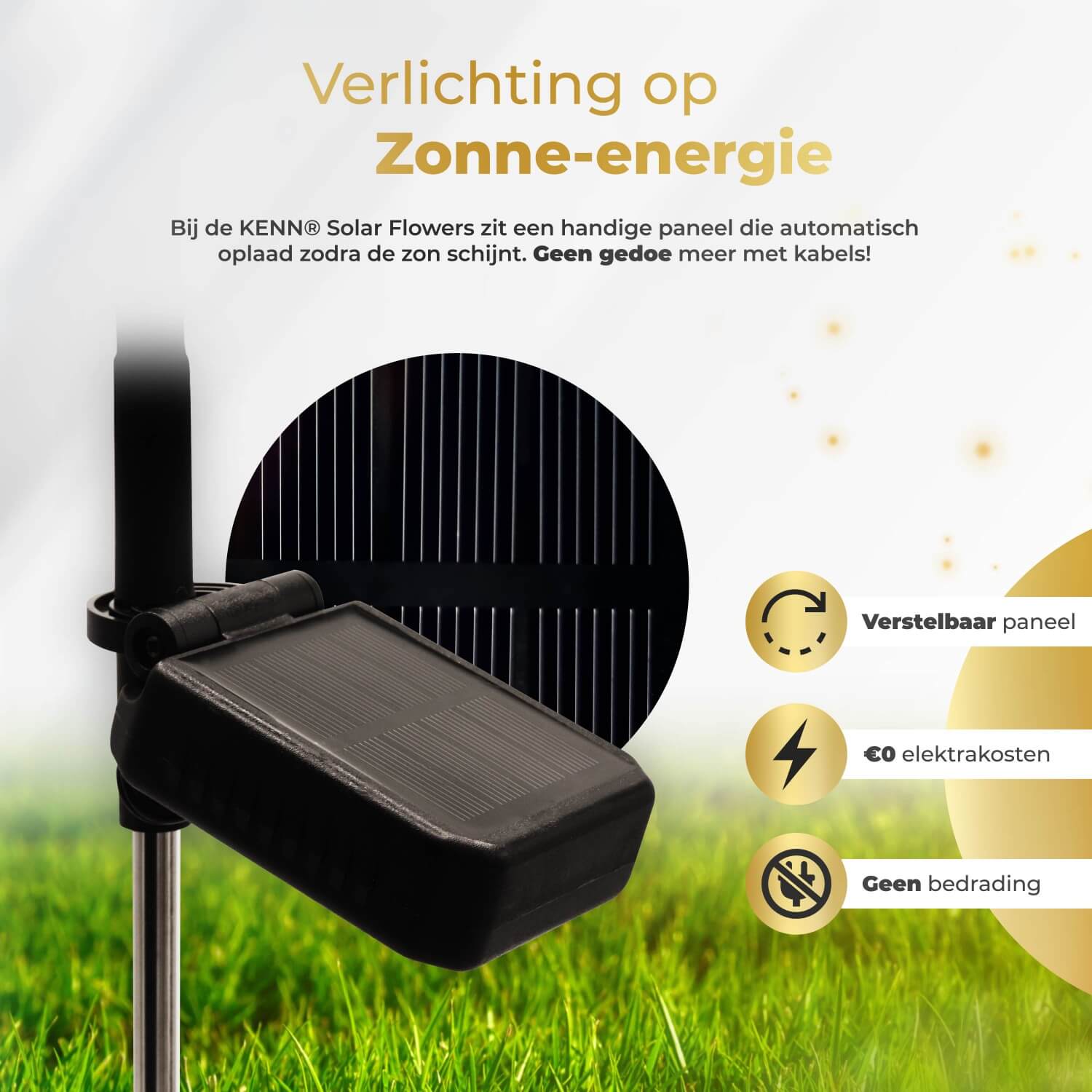Set van 2 KENN® solar bloemverlichting op zonne-energie – realistische LED tuinverlichting in bloemvorm met geïntegreerd zonnepaneel. Milieuvriendelijke solar tuinlampen met automatische daglichtsensor, knipper- en constante lichtstand, tot 12 uur brandduur na 6 uur zonlicht. Waterdicht (IP65), draadloos en eenvoudig te installeren met grondspiezen – ideaal voor duurzame en sfeervolle tuinverlichting.