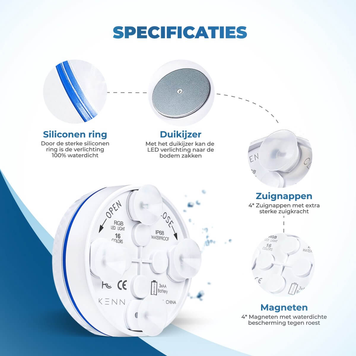 KENN® zwembadverlichting 2.0 – LED onderwaterlamp met spectaculaire lichtshow, 16 lichteffecten, 3 dynamische modi, 5 helderheidsstanden en timerfunctie. Inclusief 4 zuignappen, 4 magneten en duikijzer om de lamp stevig te plaatsen in zwembad, jacuzzi, bad of fontein. Volledig waterdicht (IP68) dankzij dubbele siliconen afdichting. Werkt op 3 AA-batterijen en bedienbaar via afstandsbediening met radiofrequentie tot 30 meter bereik. Veilig, CE-gekeurd en eenvoudig in gebruik.