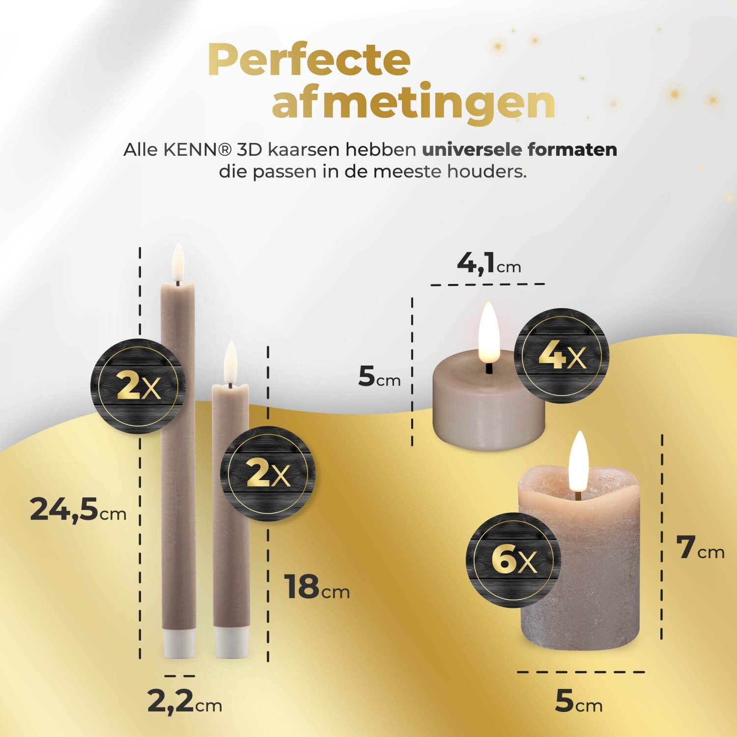 KENN® complete kaarsenbundel met 14 taupekleurige 3D LED kaarsen van echt wax, bestaande uit 4 waxinelichtjes, 4 dinerkaarsen en 6 stompkaarsen. De kaarsen zijn voorzien van een realistisch flikkerend vlameffect en worden geleverd met meerdere afstandsbedieningen. Dankzij de dimbare helderheid en instelbare timer zijn deze nep kaarsen perfect voor veilige sfeerverlichting in huis, horeca of tijdens feesten.