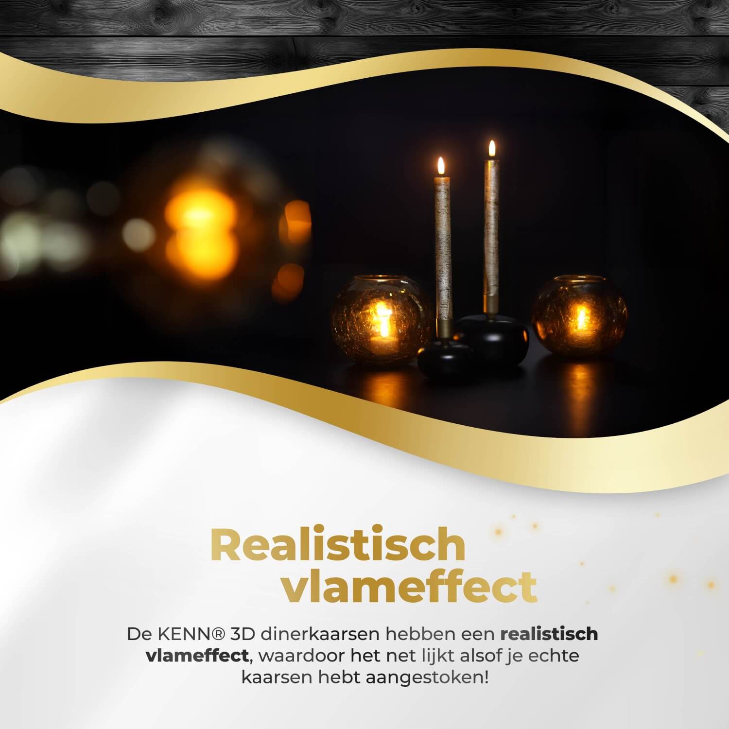 KENN® bundel met 4 gouden LED dinerkaarsen van echt wax, bestaande uit 2 grote en 2 kleine kaarsen. Deze luxe nep kaarsen geven een flikkerend warm wit licht en werken op batterijen. Inclusief afstandsbediening voor eenvoudig gebruik. De elegante goudkleur en het variërende formaat maken deze kaarsenset perfect voor feestelijke tafeldecoratie, diners, bruiloften of stijlvolle sfeerverlichting in huis.