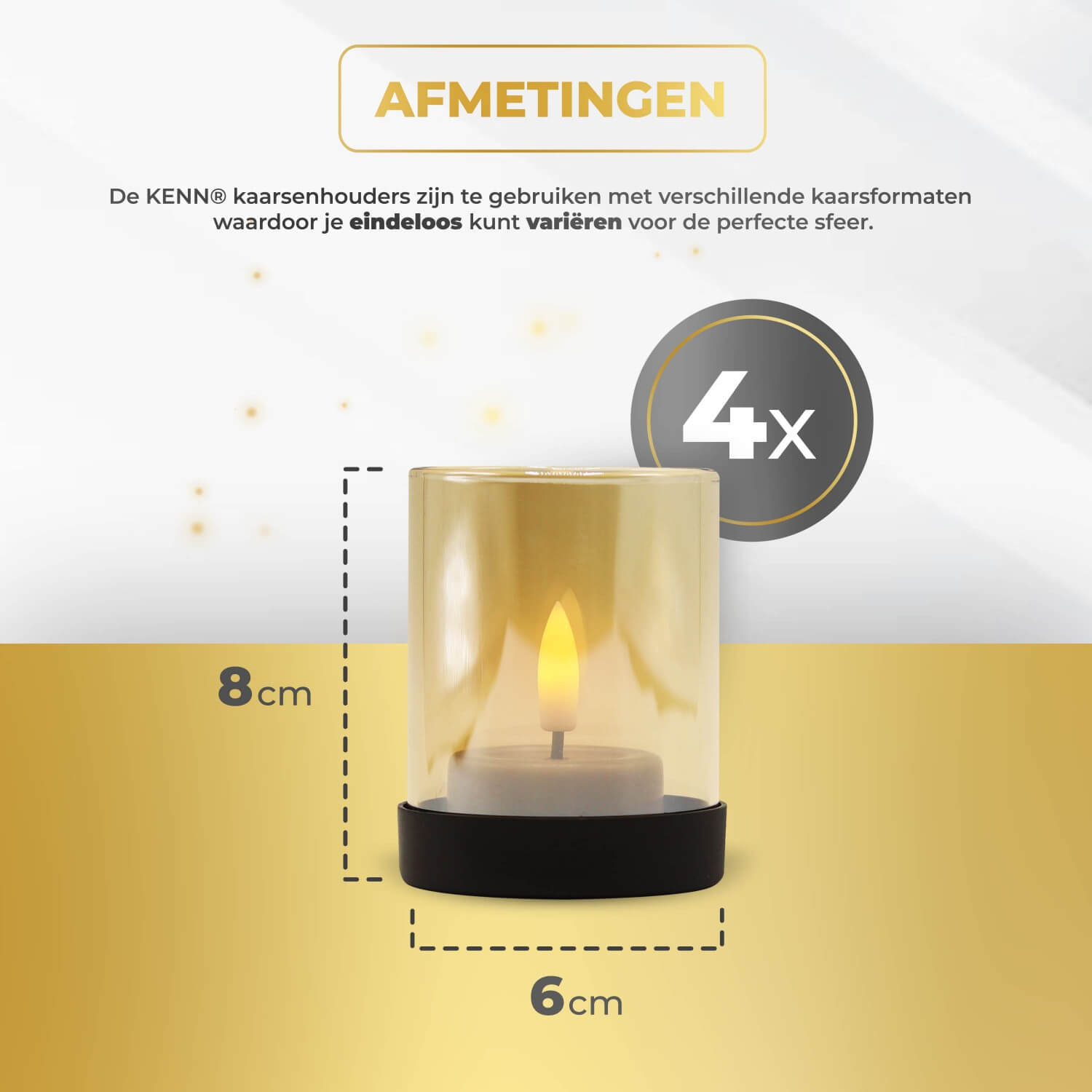 "Set van 4 kleine KENN® industriële kaarsenhouders van metaal met zandkleurig goud glas – elegante houders voor waxinelichtjes en stompkaarsen. Luxe, warme uitstraling door goudkleurig glas, perfect als sfeervolle tafeldecoratie in een landelijk, modern of industrieel interieur. Geschikt voor binnen én buitengebruik.