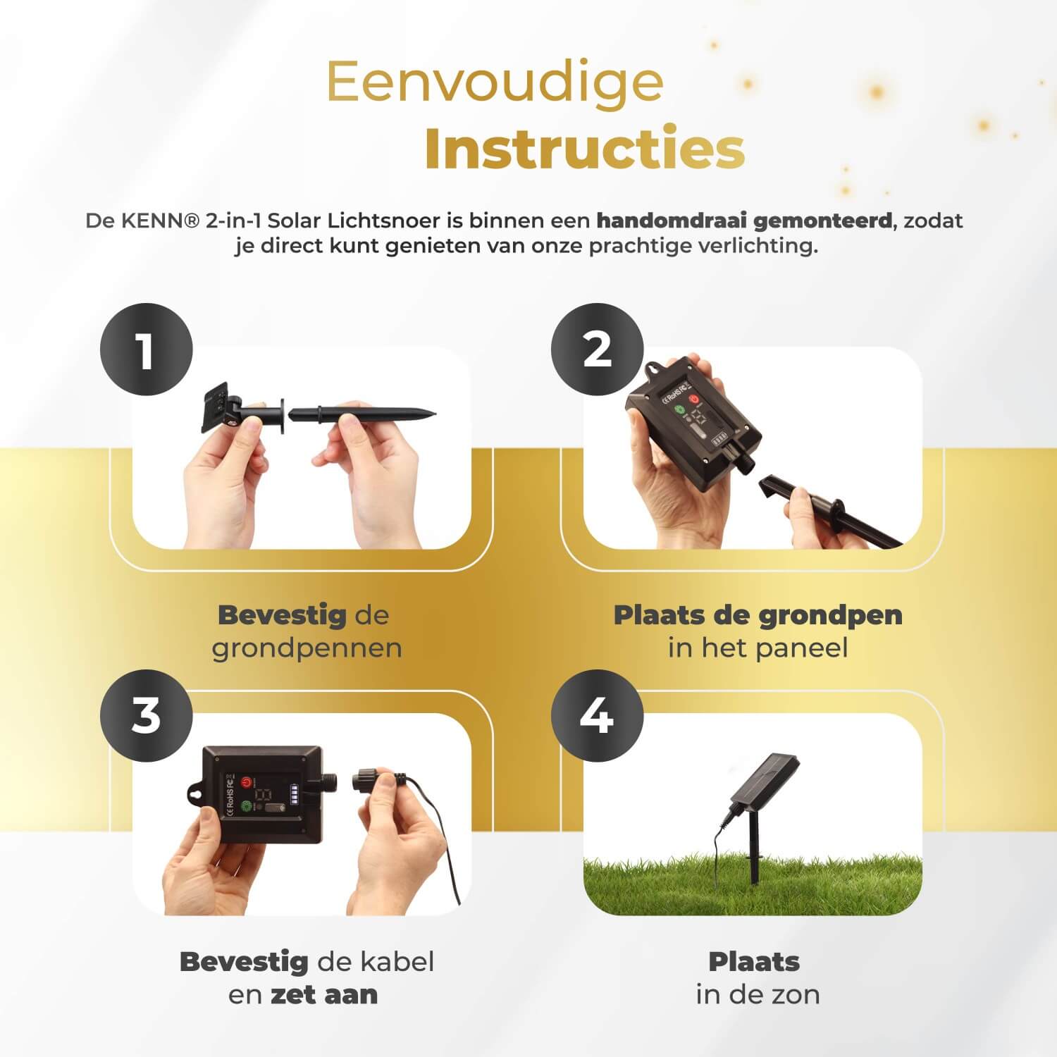 KENN® 2-in-1 Marrakech lichtsnoer op zonne-energie – 8 meter lang LED lichtsnoer in goudkleur met geïntegreerd zonnepaneel en 8 instelbare lichtstanden, waaronder knipperend en constant. Solar buitenverlichting die automatisch inschakelt bij schemering. Weerbestendig, draadloos en ideaal voor sfeervolle decoratie van tuin, terras, balkon of feestlocatie.