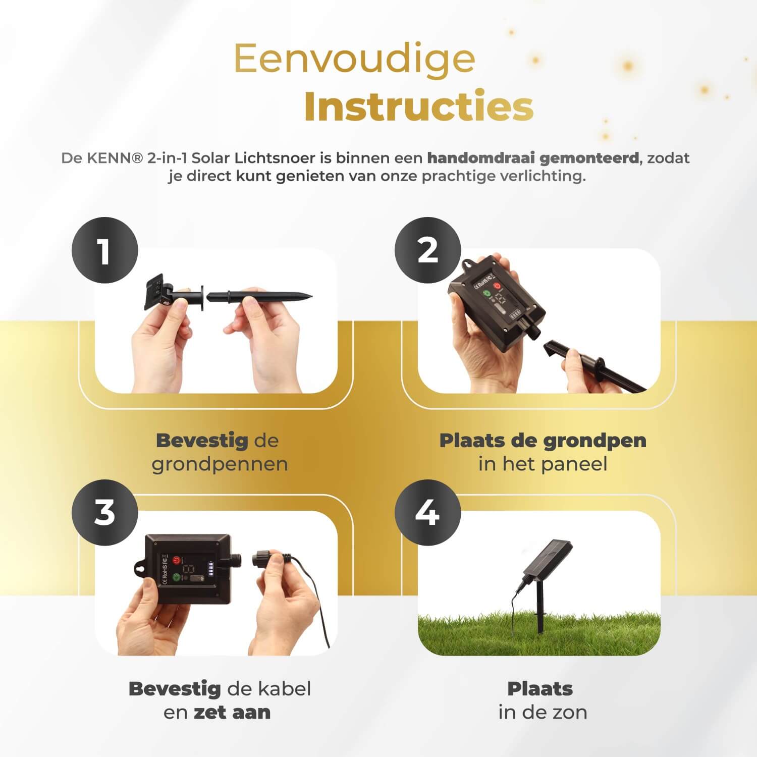 "KENN® 2-in-1 Marrakech lichtsnoer op zonne-energie – 3 meter lang LED lichtsnoer in goudkleur met geïntegreerd zonnepaneel en 8 verschillende lichtstanden, zoals knipperend en constant. Solar buitenverlichting die automatisch aangaat bij schemering. Weerbestendig (IP65), draadloos en ideaal voor sfeervolle verlichting van tuin, balkon, terras of feestelijke aankleding.