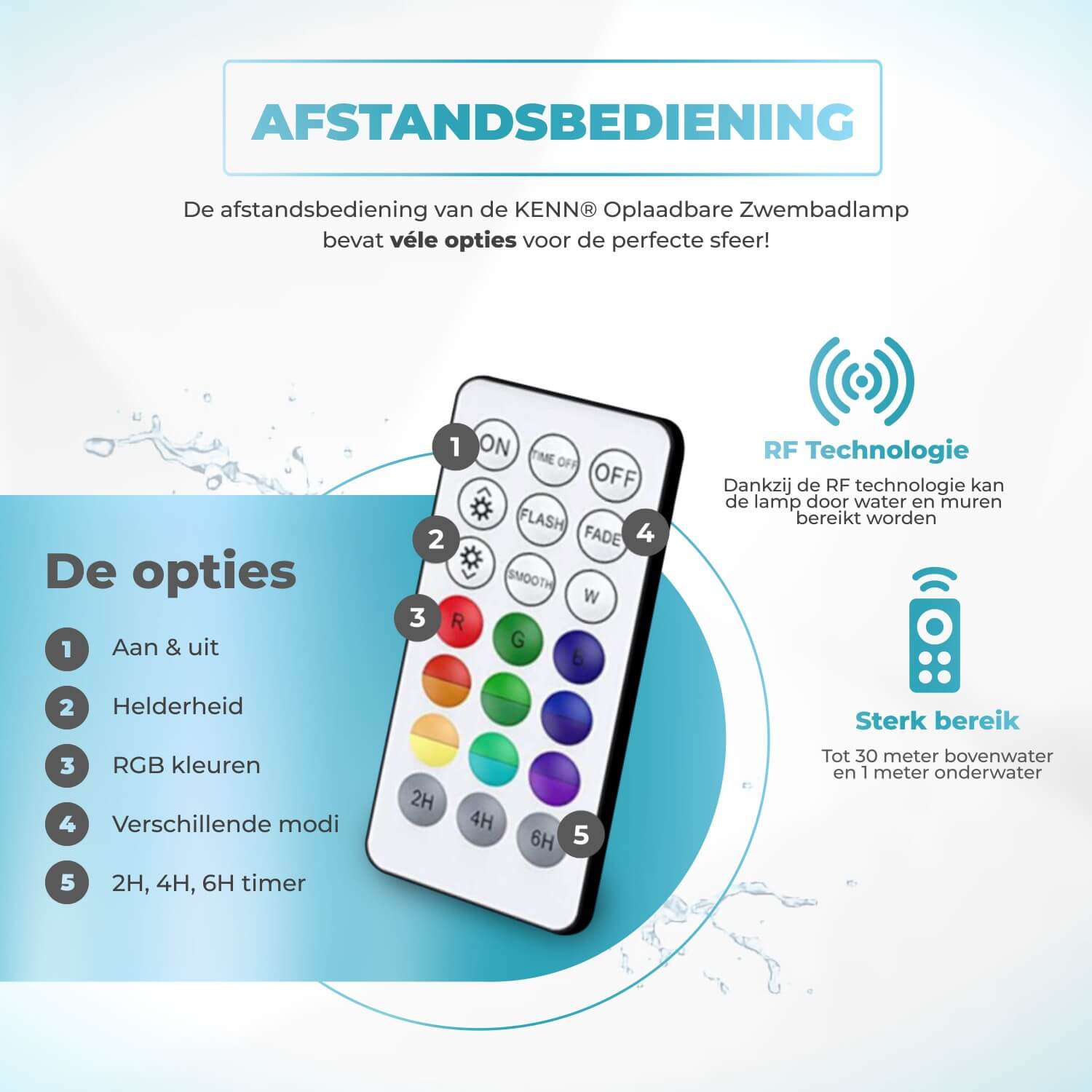 Set van 4 KENN® oplaadbare LED zwembadlampen – 100% waterdichte onderwaterverlichting (IP68) voor zwembad, jacuzzi, bad, fontein of vijver. Inclusief afstandsbediening met radiofrequentie (bereik tot 30 meter), 16 lichteffecten, 3 modi, 3 helderheidsstanden en timer. Oplaadbaar via USB, tot 20 uur gebruik. Wordt geleverd met 4 lamphouders, lijm en CE-markering – veilig, draadloos en ideaal voor een kleurrijke en ontspannende lichtshow in en rond het water.