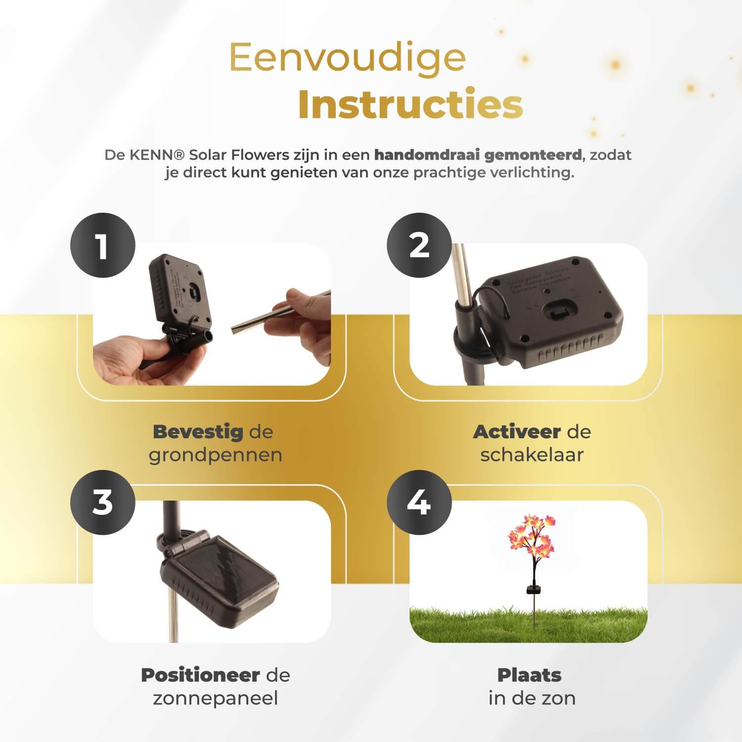 Set van 2 KENN® solar bloemverlichting op zonne-energie – realistische LED tuinverlichting in bloemvorm met geïntegreerd zonnepaneel. Milieuvriendelijke solar tuinlampen met automatische daglichtsensor, knipper- en constante lichtstand, tot 12 uur brandduur na 6 uur zonlicht. Waterdicht (IP65), draadloos en eenvoudig te installeren met grondspiezen – ideaal voor duurzame en sfeervolle tuinverlichting.