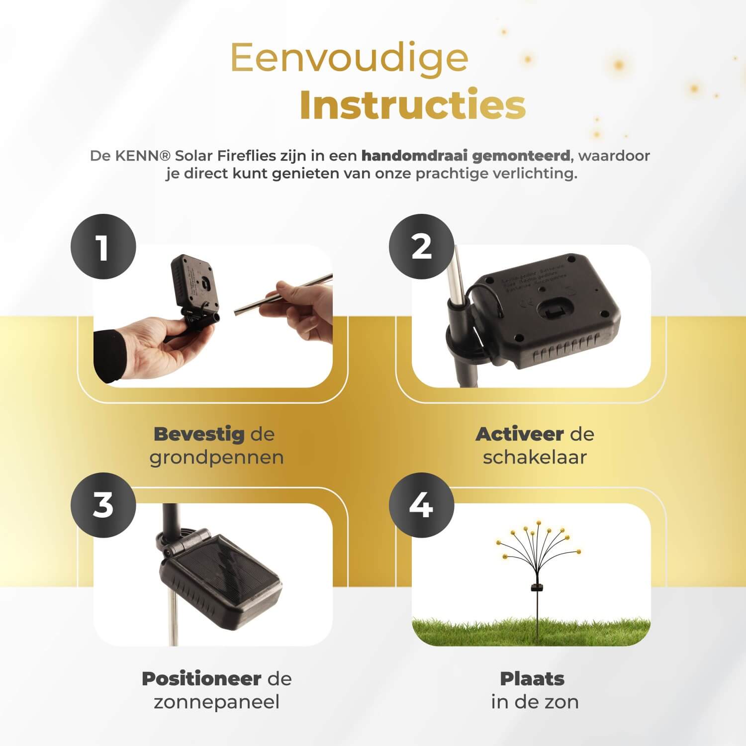 KENN® solar vuurvliegjes tuinverlichting Marrakech – sfeervolle LED buitenverlichting op zonne-energie met flexibel draadontwerp en warm wit licht. Automatische verlichting bij schemering dankzij geïntegreerd zonnepaneel. Ideaal als decoratieve tuinlampjes langs tuinpad, terras of balkon. Weerbestendig (IP65), draadloos en eenvoudig te plaatsen zonder bedrading.