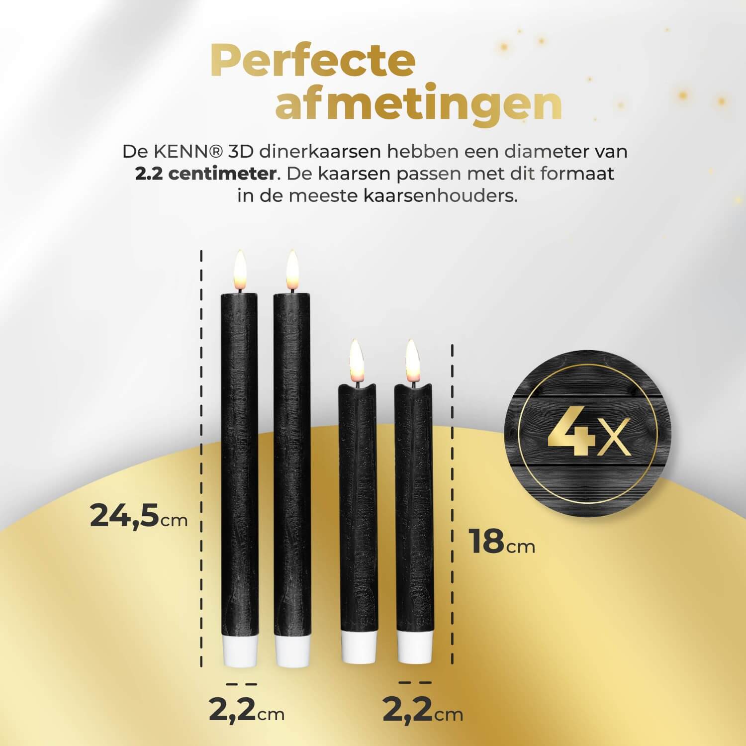 KENN® bundel met 4 zwarte LED dinerkaarsen van echt wax, bestaande uit 2 grote en 2 kleine kaarsen. Deze moderne nep kaarsen geven een flikkerend warm wit licht, werken op batterijen en worden geleverd met afstandsbediening. De diepe zwarte kleur en het afwisselende formaat maken deze set perfect voor luxe tafeldecoratie, sfeervolle diners, horecagebruik of stijlvol interieur.
