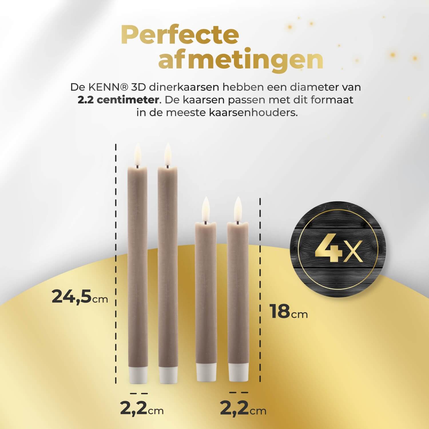 KENN® bundel met 4 taupekleurige LED dinerkaarsen van echt wax, bestaande uit 2 grote en 2 kleine kaarsen. Deze stijlvolle nep kaarsen met flikkerend vlameffect werken op batterijen en worden geleverd met afstandsbediening. De natuurlijke taupekleur en het gevarieerde formaat maken deze set ideaal voor tafeldecoratie, sfeervolle diners, bruiloften of rustgevende interieurverlichting.