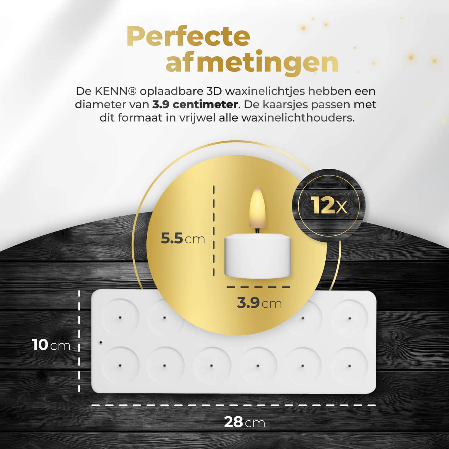 12-delige set oplaadbare LED waxinelichtjes van KENN® – inclusief laadstation en afstandsbediening. Deze duurzame nep kaarsen (ook wel rechargeable tealights of oplaadbare theelichten genoemd) geven een realistisch flikkerend warm wit licht, ideaal voor horeca, huisdecoratie of veilige sfeerverlichting zonder open vuur.