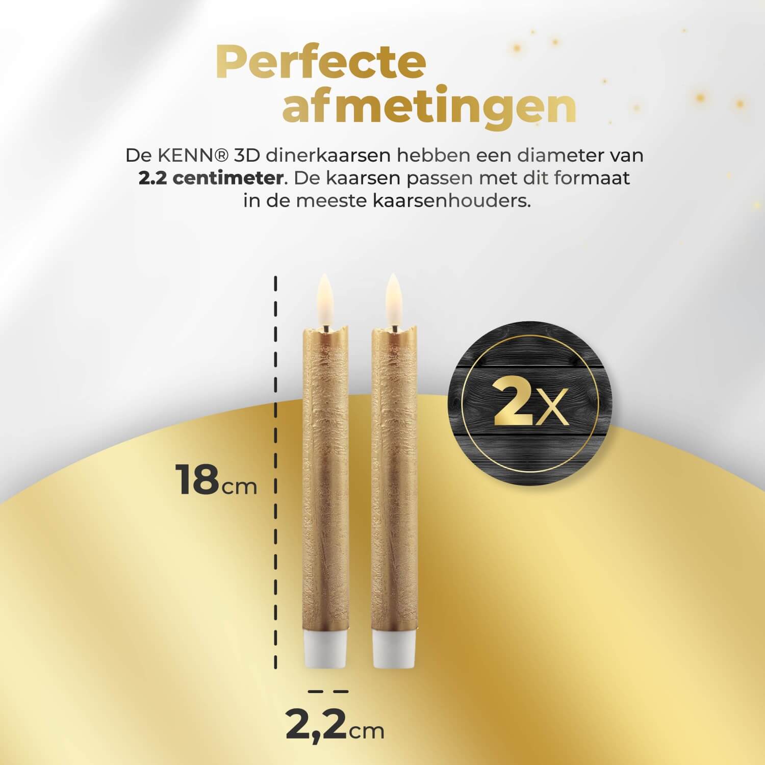2-delige set kleine gouden LED dinerkaarsen op batterijen van KENN® met afstandsbediening. Deze elegante nep kaarsen – ook wel LED kaarsen of battery-powered taper candles genoemd – zijn gemaakt van echt wax en geven een flikkerend warm wit licht dat lijkt op een echte vlam. Door hun compacte formaat en luxe goudkleur zijn ze perfect voor sfeervolle tafeldecoratie, feestdagen, diners, bruiloften of moderne interieurs. Inclusief batterijen en eenvoudig te bedienen met afstandsbediening.