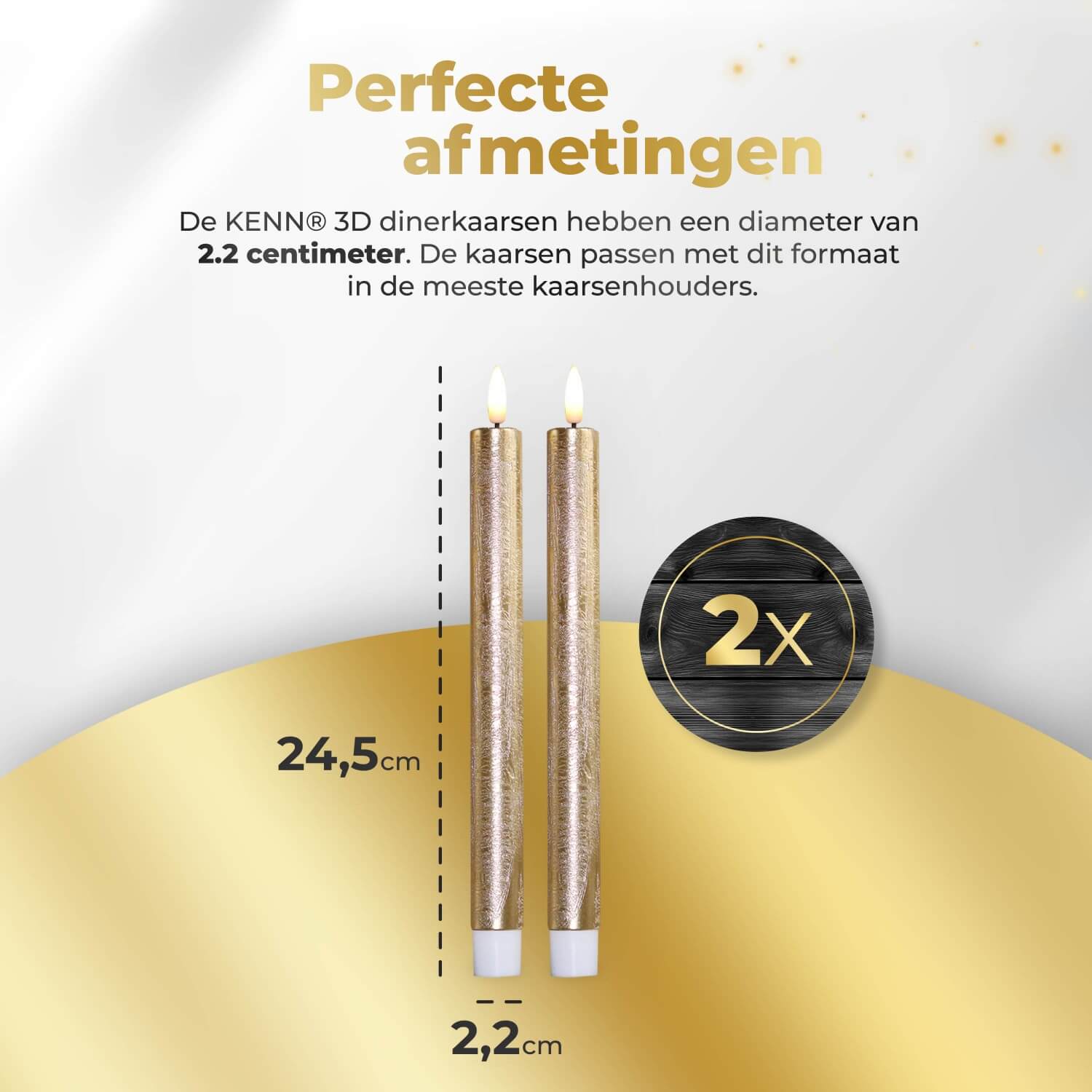2-delige set gouden LED dinerkaarsen op batterijen van KENN® met afstandsbediening. Deze stijlvolle nep kaarsen – ook bekend als LED kaarsen of battery-powered taper candles – zijn gemaakt van echt wax en geven een flikkerend warm wit licht dat lijkt op een echte vlam. De chique goudkleur zorgt voor een feestelijke, luxe uitstraling aan elke tafelsetting, ideaal voor diners, bruiloften, feestdagen of sfeervolle interieurdecoratie. 