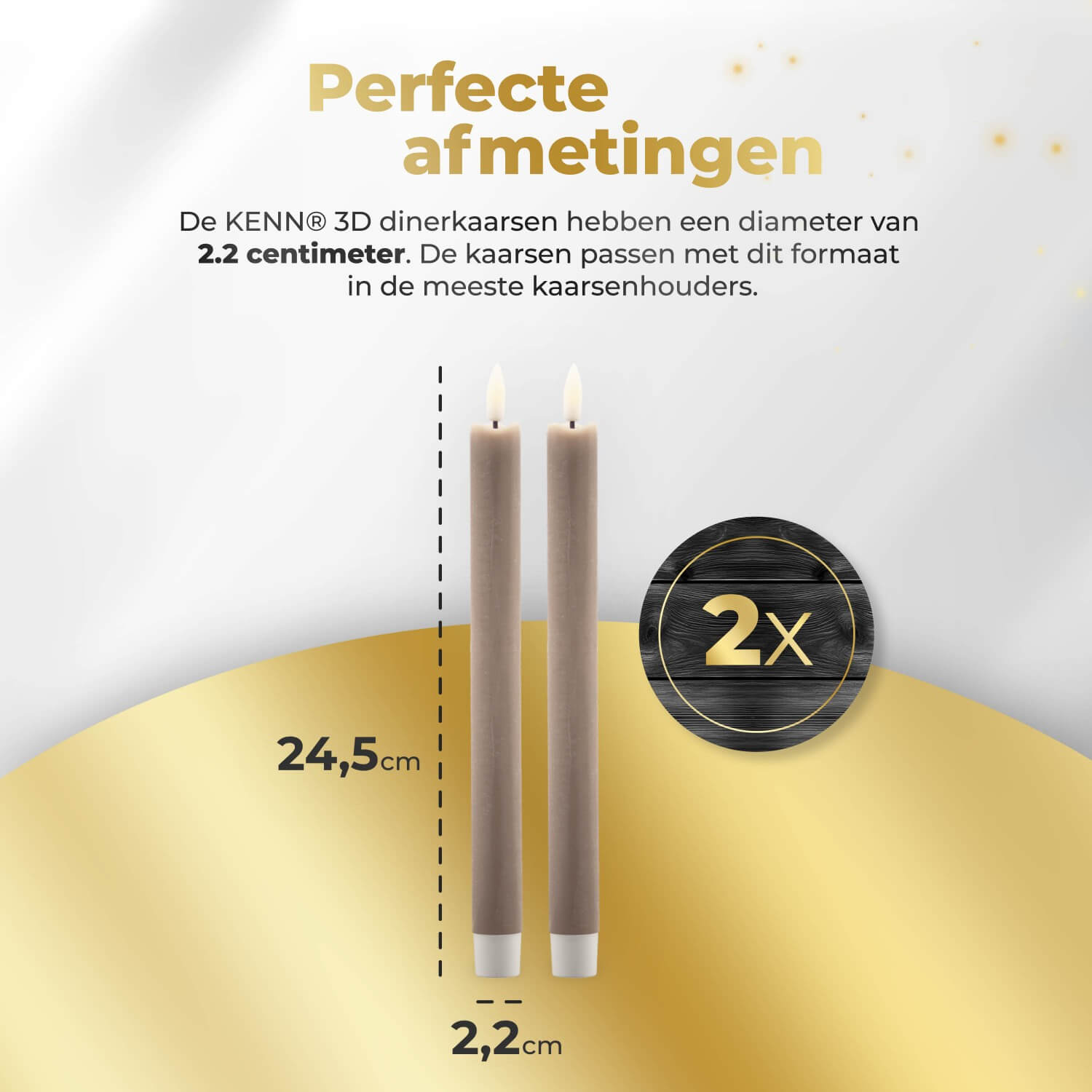 2-delige set taupekleurige LED dinerkaarsen op batterijen van KENN® met afstandsbediening. Deze stijlvolle nep kaarsen – ook bekend als LED kaarsen of battery-powered taper candles – zijn gemaakt van echt wax en geven een flikkerend warm wit licht dat lijkt op een echte vlam. De natuurlijke taupekleur zorgt voor een warme en rustige sfeer in elk interieur, perfect voor diners, bruiloften, horeca of decoratieve tafelschikking. Werkt op batterijen (meegeleverd) en afstandsbediening.