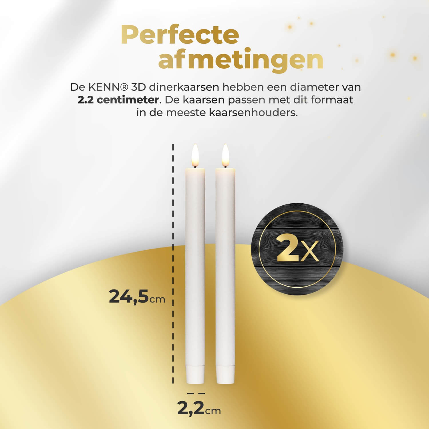 2-delige set witte LED dinerkaarsen op batterijen van KENN® met afstandsbediening. Deze stijlvolle nep kaarsen – ook bekend als LED kaarsen of battery-powered taper candles – zijn gemaakt van echt wax en geven een flikkerend warm wit licht dat lijkt op een echte vlam. De neutrale witte kleur past perfect in elk interieur en is ideaal voor sfeervolle tafeldecoratie, diners, bruiloften of dagelijks gebruik. Werkt op batterijen (meegeleverd) en is eenvoudig te bedienen met de afstandsbediening.