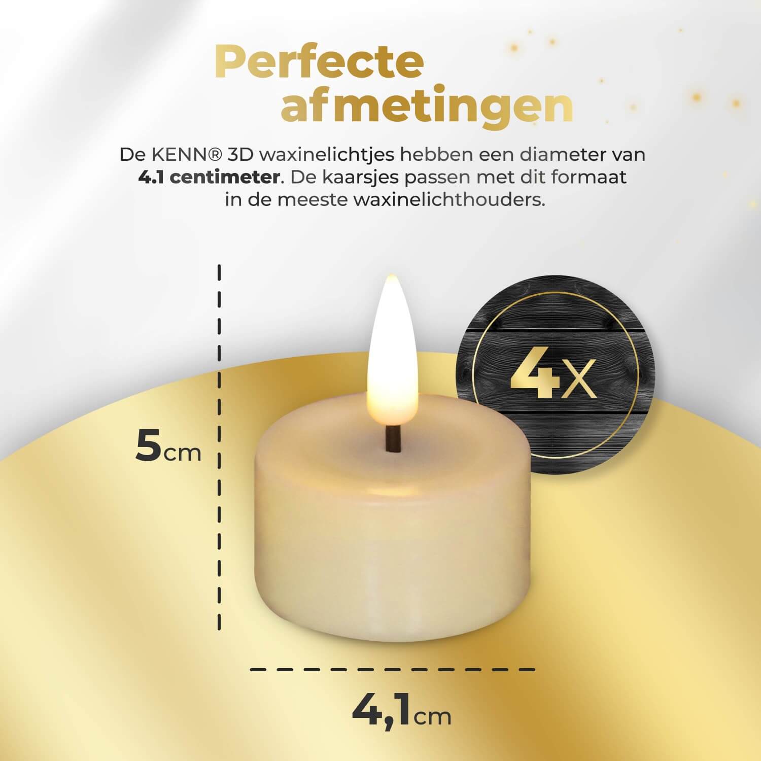 4-delige set ivoorkleurige LED waxinelichtjes op batterijen van KENN®, met afstandsbediening. Deze elegante LED kaarsen – ook wel bekend als nep kaarsen, LED theelichten of battery-powered tealights – hebben een zachte ivoorkleur en geven een realistisch flikkerend warm wit licht. Perfect voor veilige sfeerverlichting zonder open vuur, ideaal voor tafeldecoratie, bruiloften, horeca of dagelijks gebruik. Inclusief CR2450 batterijen en afstandsbediening.