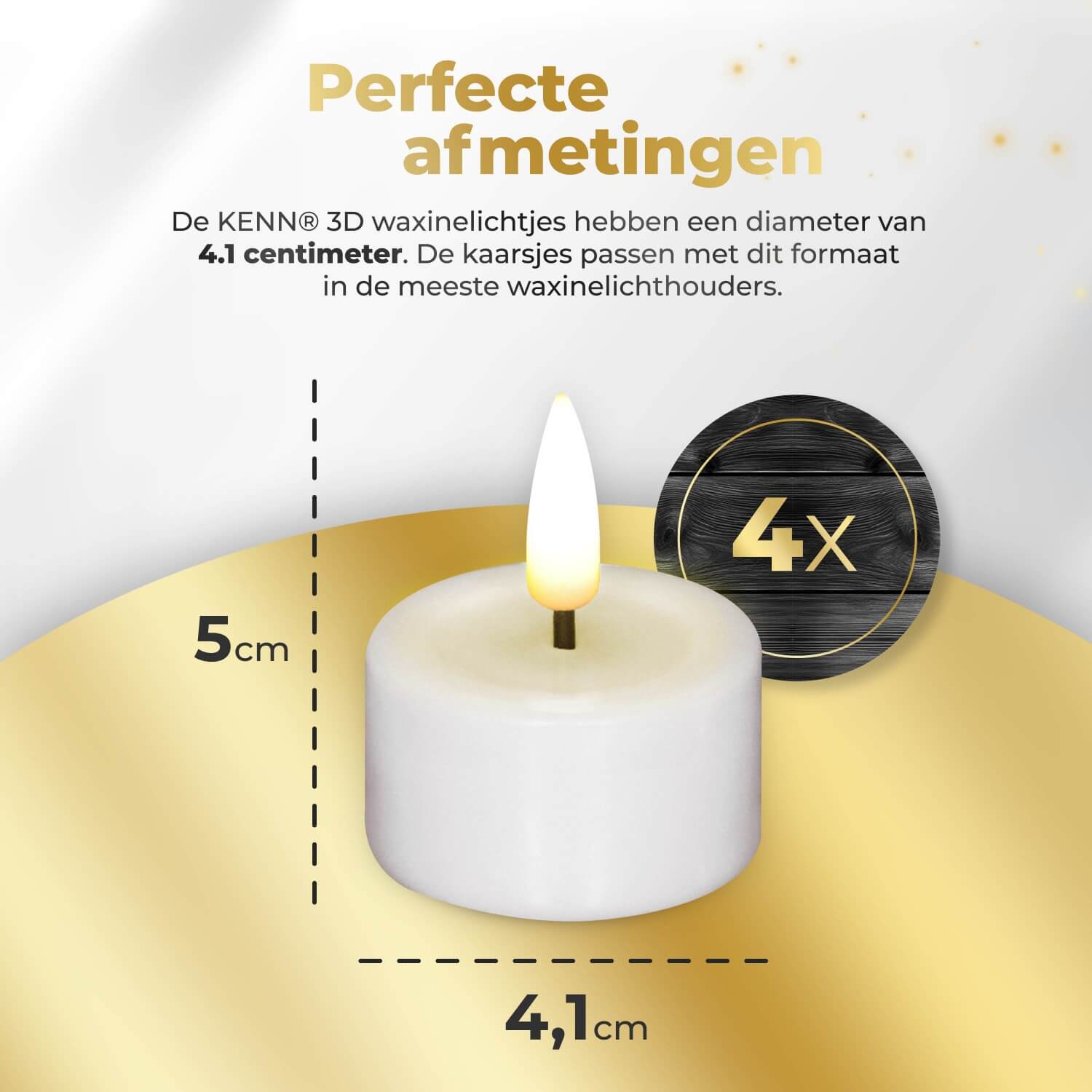 4-delige set witte LED waxinelichtjes op batterijen van KENN® met afstandsbediening. Deze stijlvolle LED kaarsen – ook bekend als nep kaarsen, LED theelichten of battery-powered tealights – zorgen voor sfeervol flikkerend warm wit licht. Perfect voor veilige kaarsverlichting zonder open vuur, ideaal voor tafeldecoratie, horeca, bruiloften en dagelijks gebruik. De neutrale witte kleur past in elk interieur. Inclusief CR2450 batterijen en afstandsbediening.