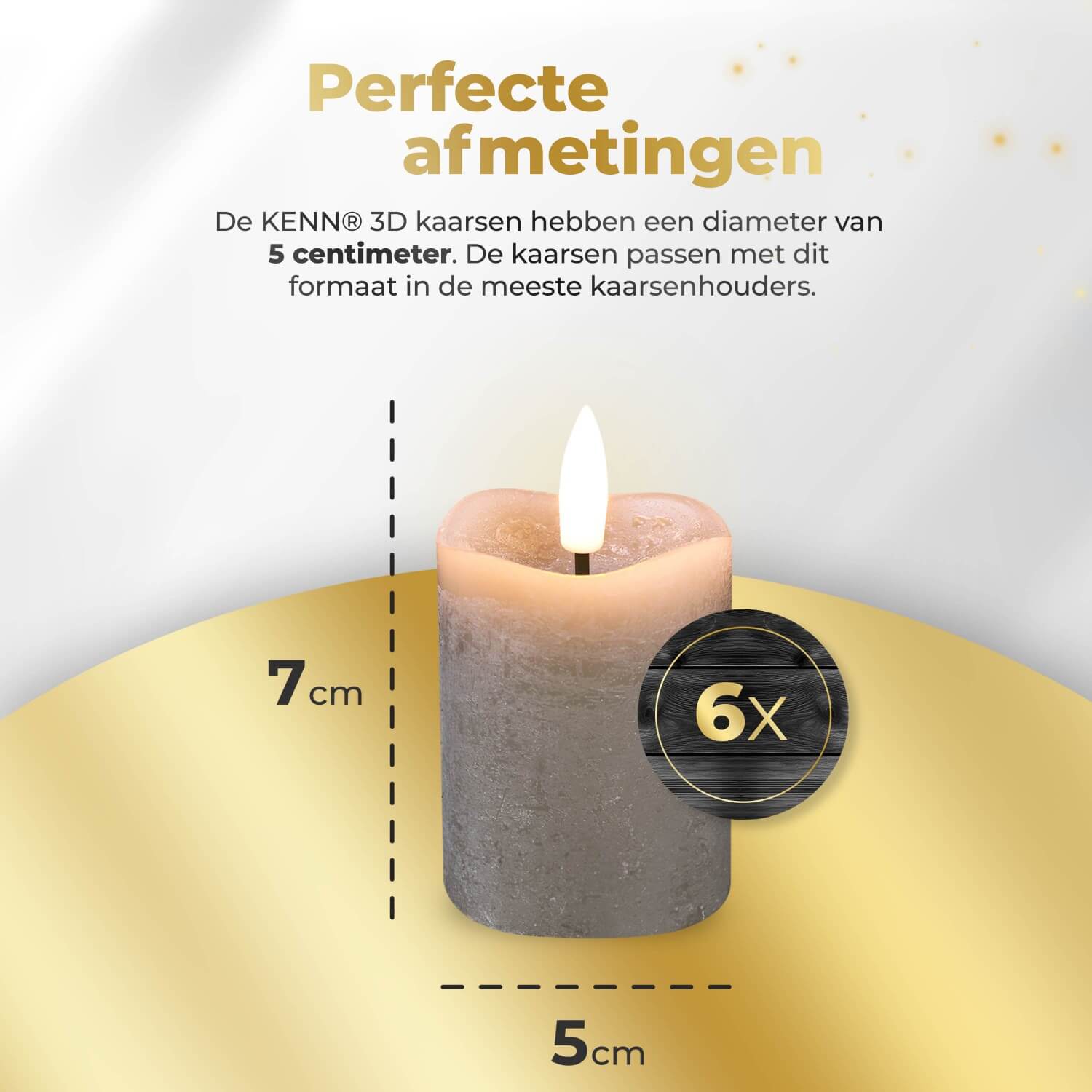 6-delige set taupekleurige LED stompkaarsen van KENN® met afstandsbediening. Deze elegante nep kaarsen van echt wax geven een realistisch flikkerend warm wit licht en zijn dimbaar via afstandsbediening. Perfect voor veilige en sfeervolle verlichting in huis, horeca, feesten of dagelijks gebruik. Werkt op batterijen (CR2450 inbegrepen).