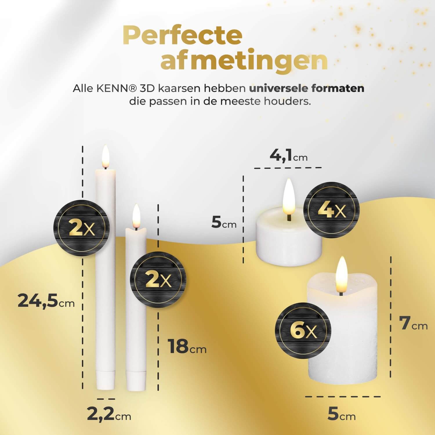 KENN® complete kaarsenbundel met 14 witte 3D LED kaarsen van echt wax, bestaande uit 4 waxinelichtjes, 4 dinerkaarsen en 6 stompkaarsen. Elke kaars heeft een realistisch flikkerend vlameffect en werkt op afstandsbediening. Met dimbare lichtstanden en instelbare timer bieden deze nep kaarsen veilige, sfeervolle verlichting voor elk interieur, feest of horecagelegenheid.