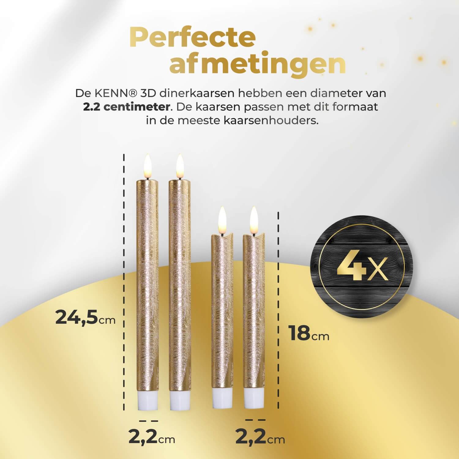 KENN® bundel met 4 gouden LED dinerkaarsen van echt wax, bestaande uit 2 grote en 2 kleine kaarsen. Deze luxe nep kaarsen geven een flikkerend warm wit licht en werken op batterijen. Inclusief afstandsbediening voor eenvoudig gebruik. De elegante goudkleur en het variërende formaat maken deze kaarsenset perfect voor feestelijke tafeldecoratie, diners, bruiloften of stijlvolle sfeerverlichting in huis.