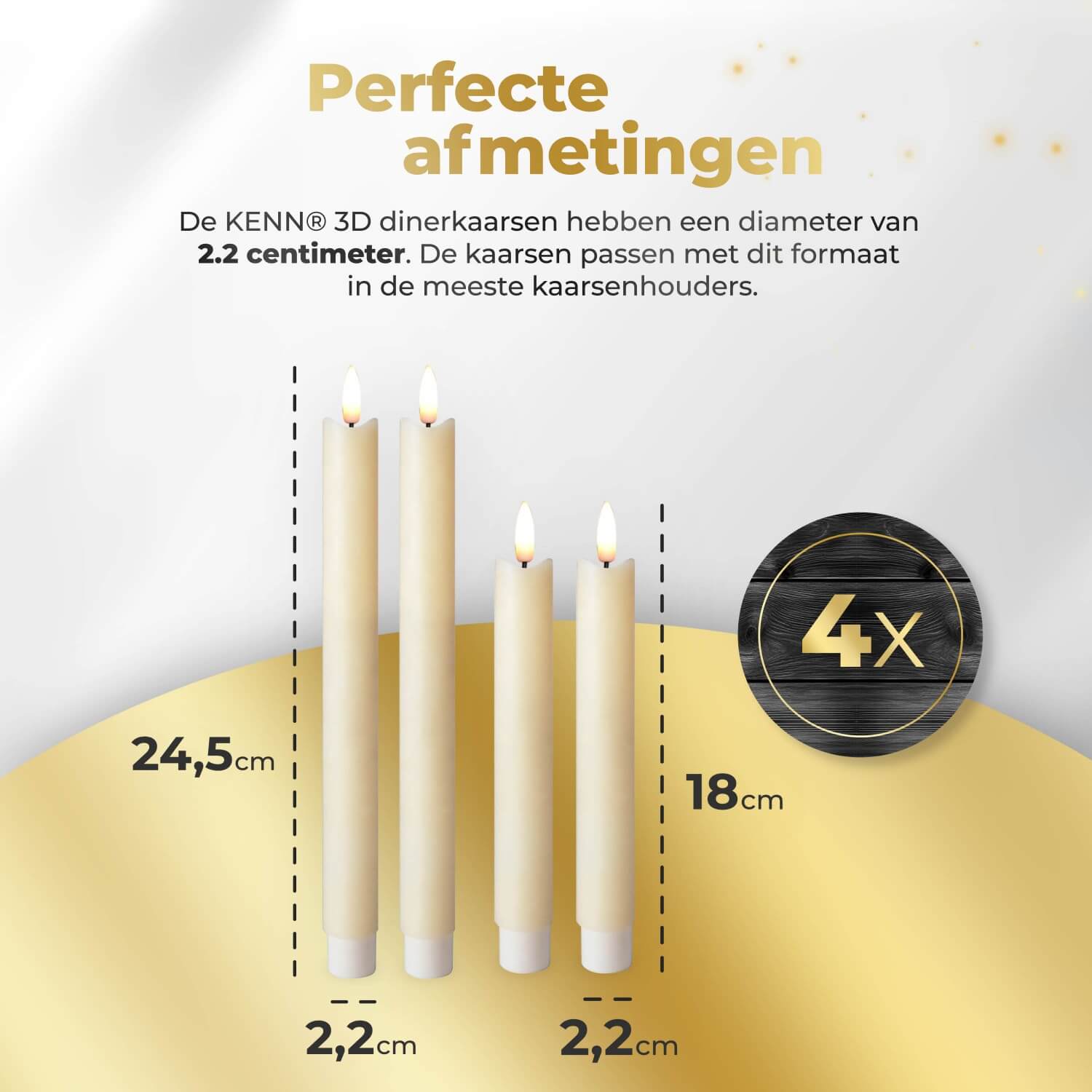 KENN® bundel met 4 ivoorkleurige LED dinerkaarsen van echt wax, bestaande uit 2 grote en 2 kleine kaarsen. Deze elegante nep kaarsen geven een flikkerend warm wit licht, zijn oplaadbaar op batterijen en worden geleverd met afstandsbediening. Door het gevarieerde formaat en de zachte ivoorkleur zijn ze perfect voor sfeervolle tafeldecoratie, bruiloften, diners of klassieke interieurstijlen.