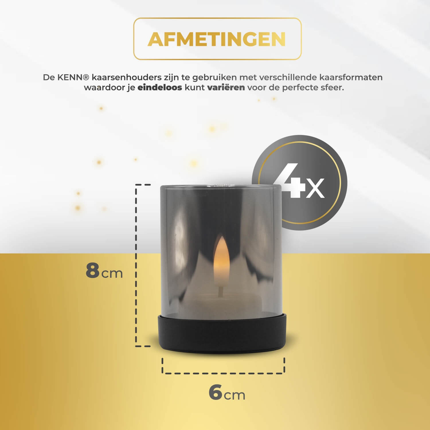 Set van 4 kleine KENN® industriële kaarsenhouders van metaal met smoke grey glas – stijlvolle houders voor waxinelichtjes en stompkaarsen. Modern en robuust ontwerp, ideaal voor sfeervolle tafeldecoratie in de woonkamer, eetkamer of buitenruimte. Met grijs glas voor een warme, luxe uitstraling passend bij landelijke en industriële interieurs.