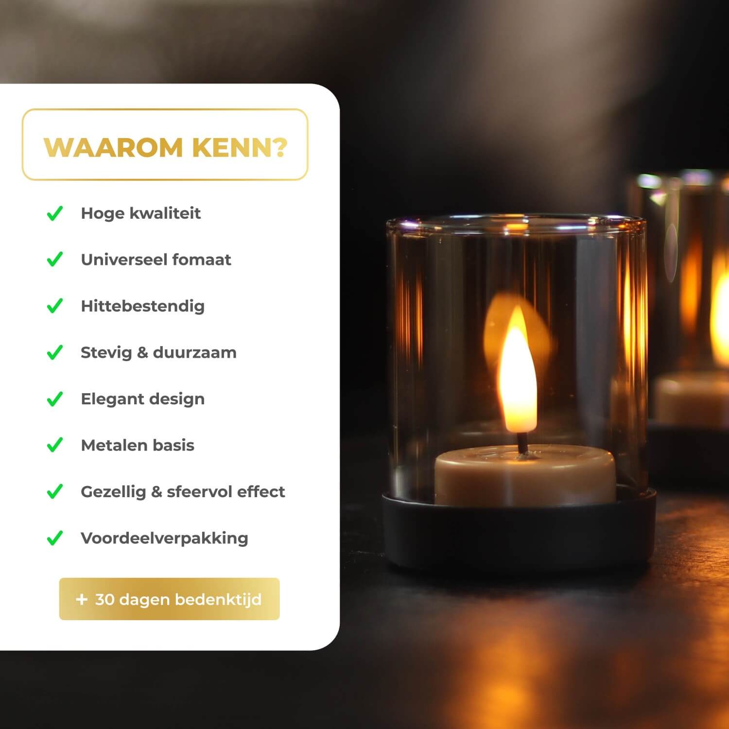 "Set van 4 kleine KENN® industriële kaarsenhouders van metaal met zandkleurig goud glas – elegante houders voor waxinelichtjes en stompkaarsen. Luxe, warme uitstraling door goudkleurig glas, perfect als sfeervolle tafeldecoratie in een landelijk, modern of industrieel interieur. Geschikt voor binnen én buitengebruik.