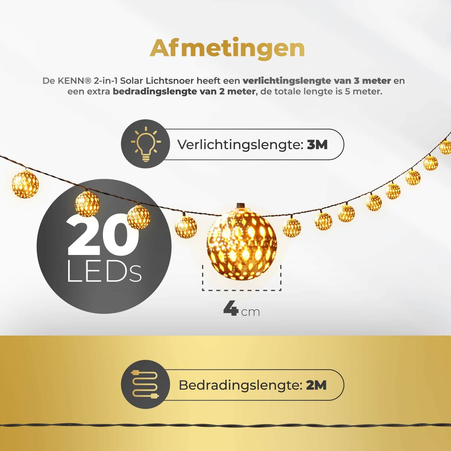 "KENN® 2-in-1 Marrakech lichtsnoer op zonne-energie – 3 meter lang LED lichtsnoer in goudkleur met geïntegreerd zonnepaneel en 8 verschillende lichtstanden, zoals knipperend en constant. Solar buitenverlichting die automatisch aangaat bij schemering. Weerbestendig (IP65), draadloos en ideaal voor sfeervolle verlichting van tuin, balkon, terras of feestelijke aankleding.