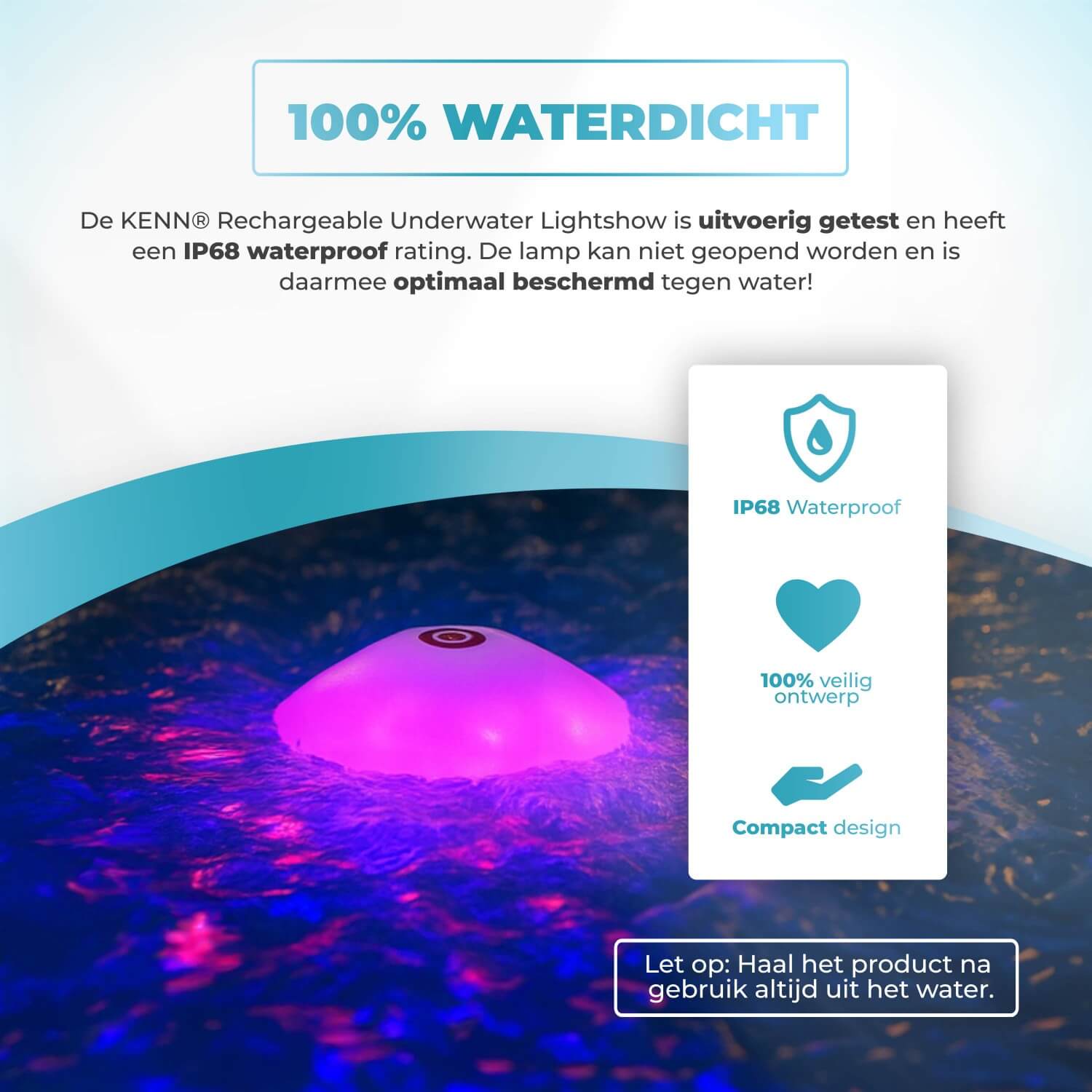 KENN® oplaadbare drijvende onderwater lichtshow met kleurrijke LED-verlichting en automatische kleurenwissel. Deze waterdichte lichtbol is ideaal voor sfeerverlichting in zwembad, jacuzzi, bad, spa of tijdens tuinfeestjes. Werkt zonder batterijen dankzij USB-oplaadfunctie en is perfect geschikt voor ontspanning of feestelijke momenten op het water.