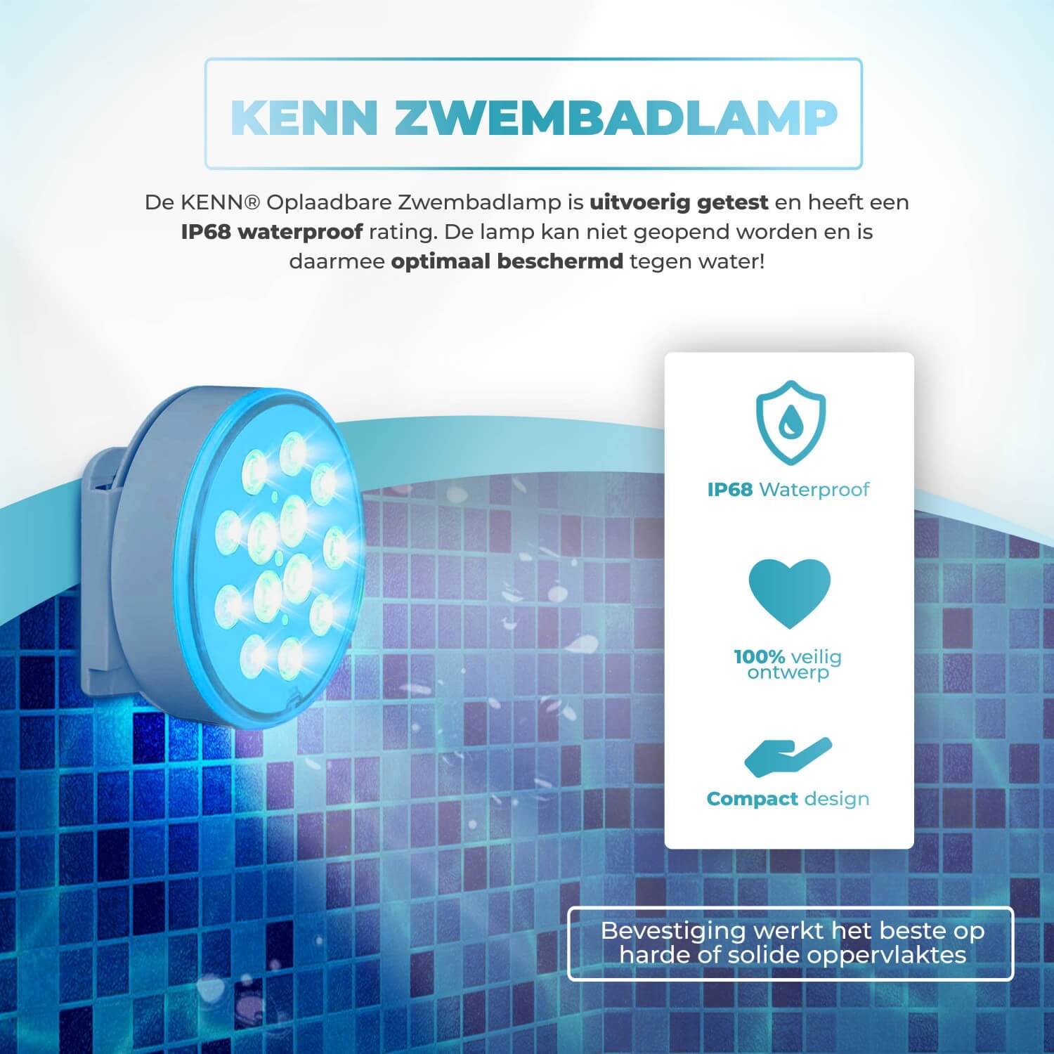 Set van 8 KENN® oplaadbare LED zwembadlampen – krachtige, volledig waterdichte onderwaterverlichting (IP68) voor zwembad, jacuzzi, vijver, bad of fontein. Inclusief 8 afstandsbedieningen met radiofrequentie (30 meter bereik), 16 kleurrijke lichteffecten, 3 modi, 3 helderheidsniveaus en timerfunctie. De lampen zijn USB-oplaadbaar en hebben een gebruiksduur tot 20 uur. Geleverd met 8 lamphouders en lijm – draadloos, veilig (CE-markering) en ideaal voor een spectaculaire lichtshow rondom water.