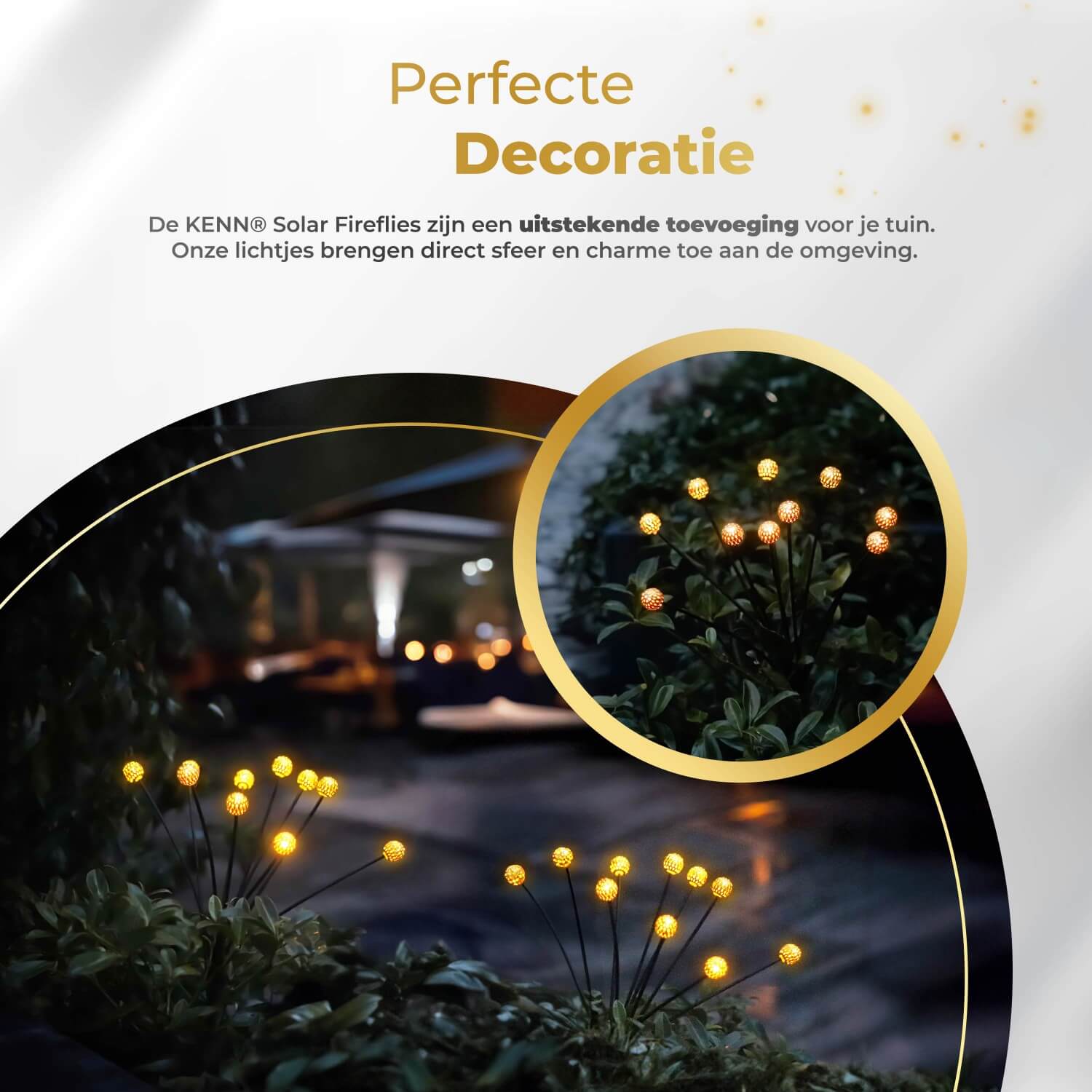 KENN® solar vuurvliegjes tuinverlichting Marrakech – sfeervolle LED buitenverlichting op zonne-energie met flexibel draadontwerp en warm wit licht. Automatische verlichting bij schemering dankzij geïntegreerd zonnepaneel. Ideaal als decoratieve tuinlampjes langs tuinpad, terras of balkon. Weerbestendig (IP65), draadloos en eenvoudig te plaatsen zonder bedrading.
