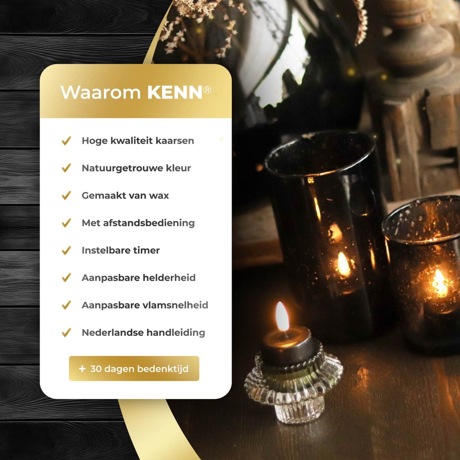 10-delige set zwarte LED waxinelichtjes op batterijen van KENN®, geleverd met afstandsbediening. Deze stijlvolle nep theelichtjes, ook bekend als LED kaarsjes of battery-powered tealights, hebben een flikkerend warm wit licht dat zorgt voor veilige en sfeervolle verlichting. Ideaal als kaarslicht zonder vlam voor horeca, bruiloften, tafeldecoratie, restaurants of thuisgebruik. Werkt op CR2450 batterijen (inbegrepen) – realistisch vlameffect en eenvoudig in- en uitschakelen met afstandsbediening.