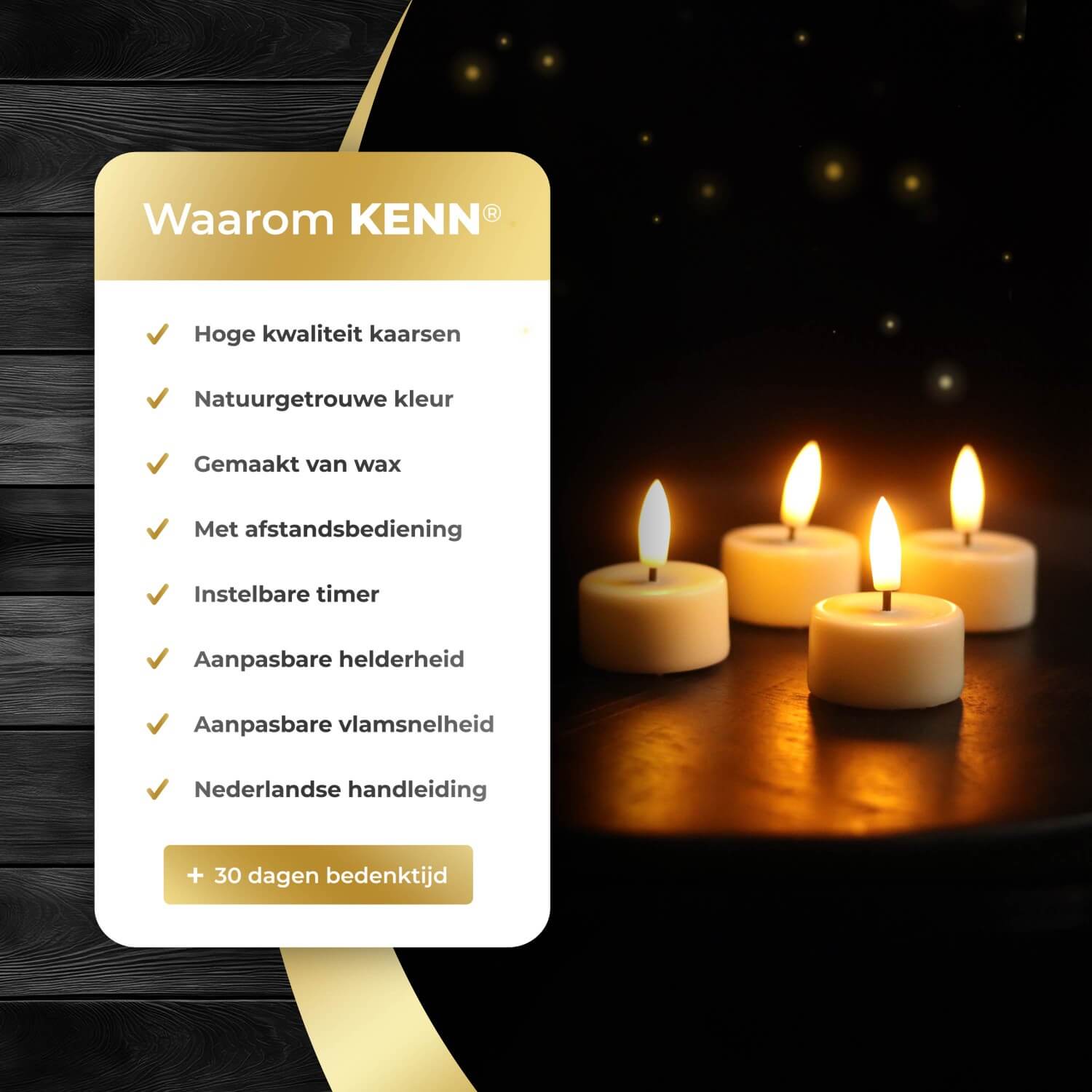 4-delige set ivoorkleurige LED waxinelichtjes op batterijen van KENN®, met afstandsbediening. Deze elegante LED kaarsen – ook wel bekend als nep kaarsen, LED theelichten of battery-powered tealights – hebben een zachte ivoorkleur en geven een realistisch flikkerend warm wit licht. Perfect voor veilige sfeerverlichting zonder open vuur, ideaal voor tafeldecoratie, bruiloften, horeca of dagelijks gebruik. Inclusief CR2450 batterijen en afstandsbediening.