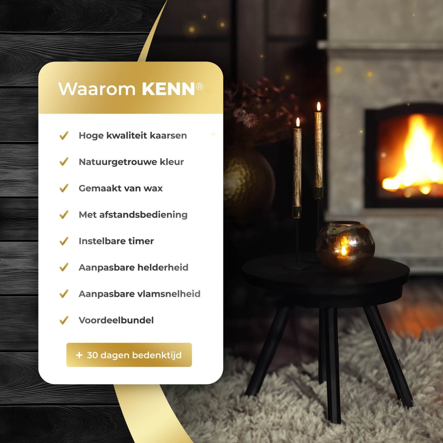 KENN® bundel met 4 gouden LED dinerkaarsen van echt wax, bestaande uit 2 grote en 2 kleine kaarsen. Deze luxe nep kaarsen geven een flikkerend warm wit licht en werken op batterijen. Inclusief afstandsbediening voor eenvoudig gebruik. De elegante goudkleur en het variërende formaat maken deze kaarsenset perfect voor feestelijke tafeldecoratie, diners, bruiloften of stijlvolle sfeerverlichting in huis.