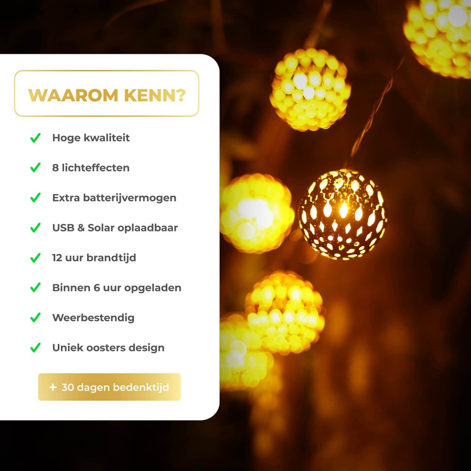 KENN® 2-in-1 Marrakech lichtsnoer op zonne-energie – 8 meter lang LED lichtsnoer in goudkleur met geïntegreerd zonnepaneel en 8 instelbare lichtstanden, waaronder knipperend en constant. Solar buitenverlichting die automatisch inschakelt bij schemering. Weerbestendig, draadloos en ideaal voor sfeervolle decoratie van tuin, terras, balkon of feestlocatie.