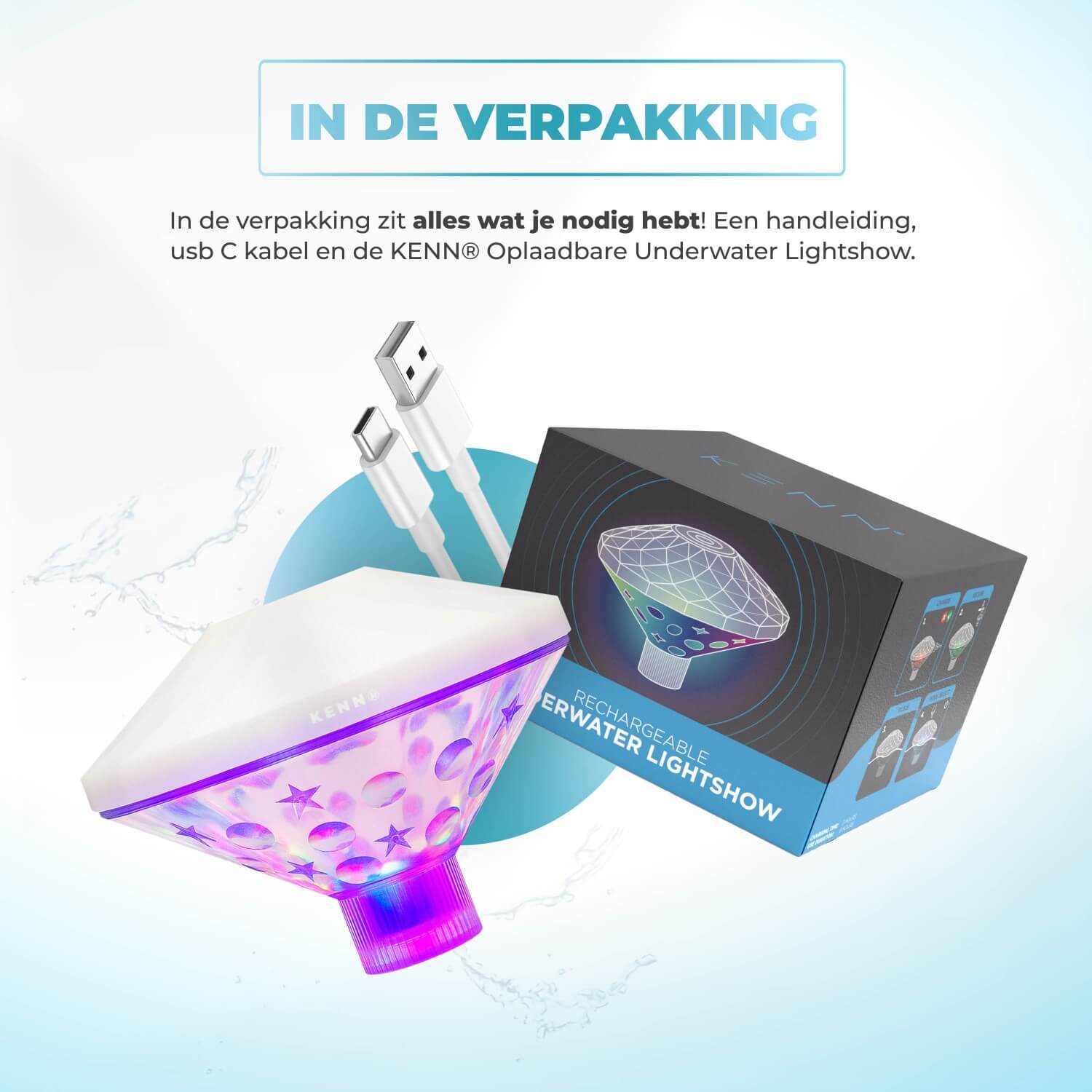 KENN® oplaadbare drijvende onderwater lichtshow met kleurrijke LED-verlichting en automatische kleurenwissel. Deze waterdichte lichtbol is ideaal voor sfeerverlichting in zwembad, jacuzzi, bad, spa of tijdens tuinfeestjes. Werkt zonder batterijen dankzij USB-oplaadfunctie en is perfect geschikt voor ontspanning of feestelijke momenten op het water.