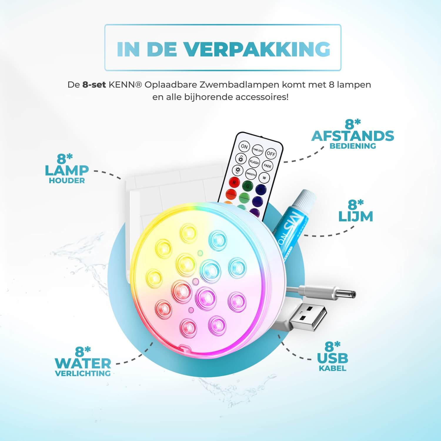 Set van 8 KENN® oplaadbare LED zwembadlampen – krachtige, volledig waterdichte onderwaterverlichting (IP68) voor zwembad, jacuzzi, vijver, bad of fontein. Inclusief 8 afstandsbedieningen met radiofrequentie (30 meter bereik), 16 kleurrijke lichteffecten, 3 modi, 3 helderheidsniveaus en timerfunctie. De lampen zijn USB-oplaadbaar en hebben een gebruiksduur tot 20 uur. Geleverd met 8 lamphouders en lijm – draadloos, veilig (CE-markering) en ideaal voor een spectaculaire lichtshow rondom water.