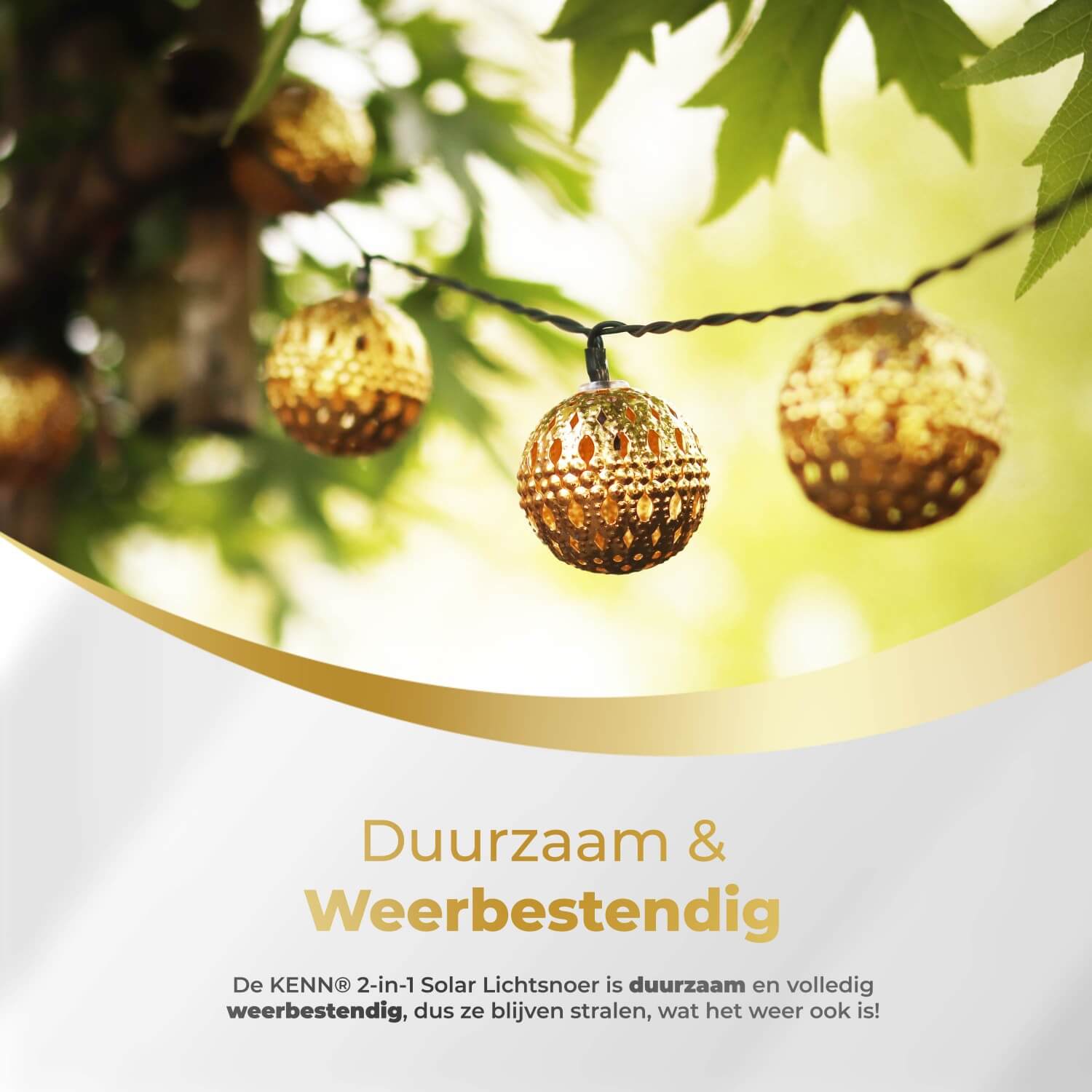 KENN® 2-in-1 Marrakech lichtsnoer op zonne-energie – 8 meter lang LED lichtsnoer in goudkleur met geïntegreerd zonnepaneel en 8 instelbare lichtstanden, waaronder knipperend en constant. Solar buitenverlichting die automatisch inschakelt bij schemering. Weerbestendig, draadloos en ideaal voor sfeervolle decoratie van tuin, terras, balkon of feestlocatie.