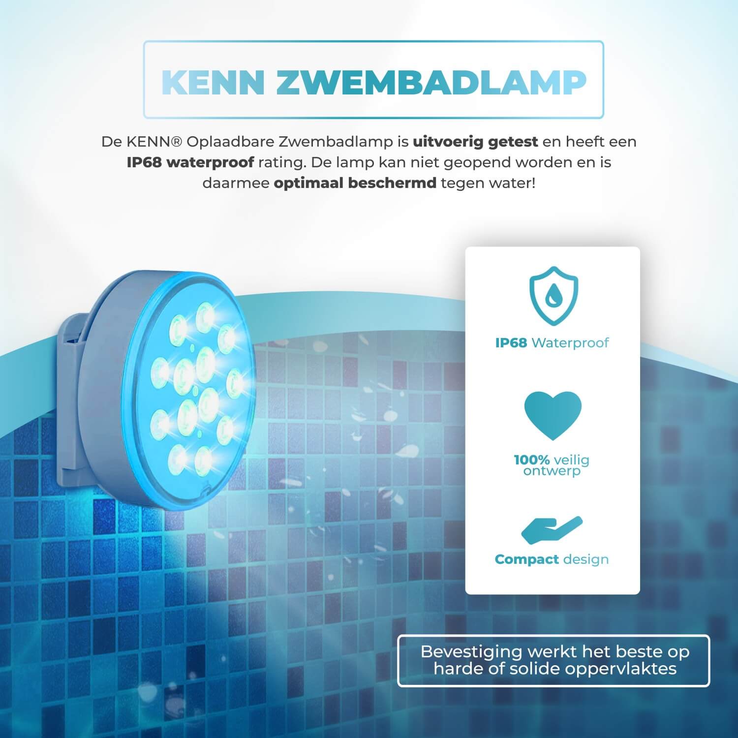 Set van 4 KENN® oplaadbare LED zwembadlampen – 100% waterdichte onderwaterverlichting (IP68) voor zwembad, jacuzzi, bad, fontein of vijver. Inclusief afstandsbediening met radiofrequentie (bereik tot 30 meter), 16 lichteffecten, 3 modi, 3 helderheidsstanden en timer. Oplaadbaar via USB, tot 20 uur gebruik. Wordt geleverd met 4 lamphouders, lijm en CE-markering – veilig, draadloos en ideaal voor een kleurrijke en ontspannende lichtshow in en rond het water.