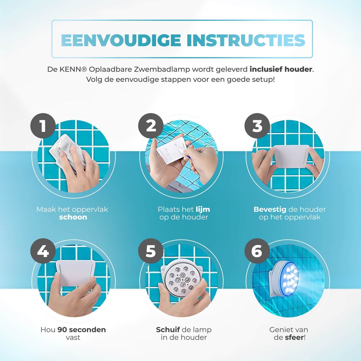 Set van 8 KENN® oplaadbare LED zwembadlampen – krachtige, volledig waterdichte onderwaterverlichting (IP68) voor zwembad, jacuzzi, vijver, bad of fontein. Inclusief 8 afstandsbedieningen met radiofrequentie (30 meter bereik), 16 kleurrijke lichteffecten, 3 modi, 3 helderheidsniveaus en timerfunctie. De lampen zijn USB-oplaadbaar en hebben een gebruiksduur tot 20 uur. Geleverd met 8 lamphouders en lijm – draadloos, veilig (CE-markering) en ideaal voor een spectaculaire lichtshow rondom water.