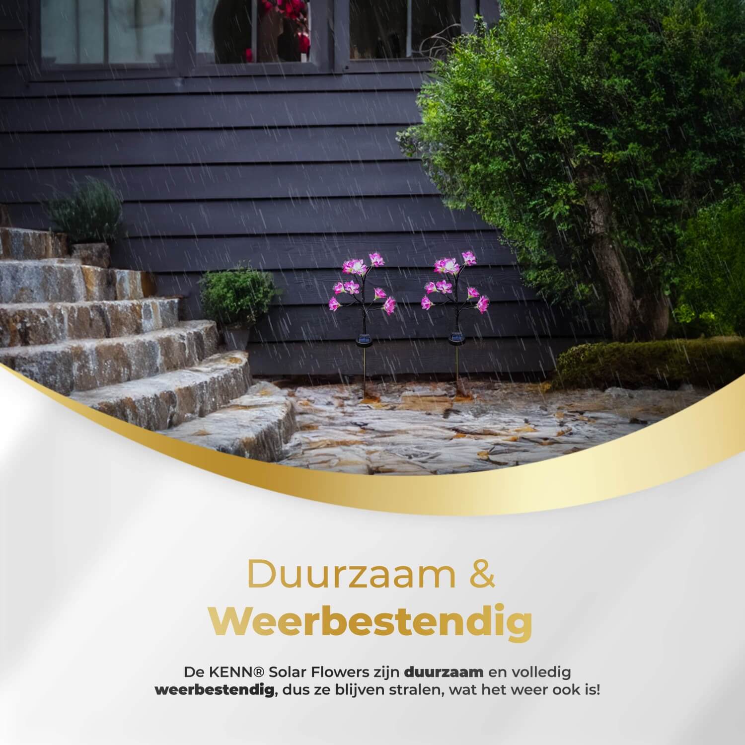 Set van 2 KENN® solar bloemverlichting op zonne-energie – realistische LED tuinverlichting in bloemvorm met geïntegreerd zonnepaneel. Milieuvriendelijke solar tuinlampen met automatische daglichtsensor, knipper- en constante lichtstand, tot 12 uur brandduur na 6 uur zonlicht. Waterdicht (IP65), draadloos en eenvoudig te installeren met grondspiezen – ideaal voor duurzame en sfeervolle tuinverlichting.