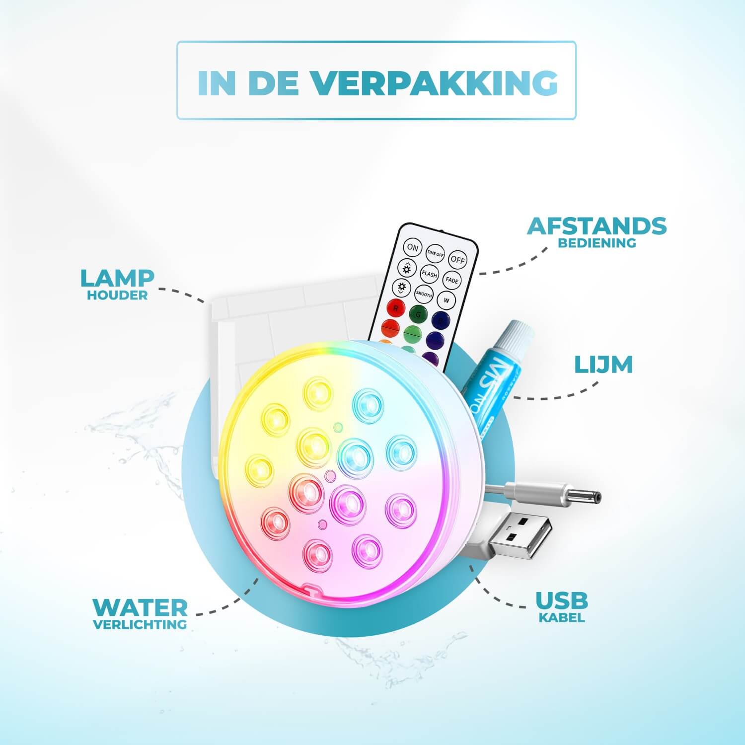 KENN® oplaadbare LED zwembadverlichting – waterdichte onderwaterlamp (IP68) met afstandsbediening, 16 kleurrijke lichteffecten, 3 lichtmodi, timer en helderheidsstanden. Oplaadbaar via USB, tot 20 uur gebruik. Inclusief lamphouder met lijm, ideaal voor zwembad, jacuzzi, fontein, bad of vijver. Veilig, draadloos en eenvoudig te bevestigen – perfect voor een sfeervolle lichtshow in water.