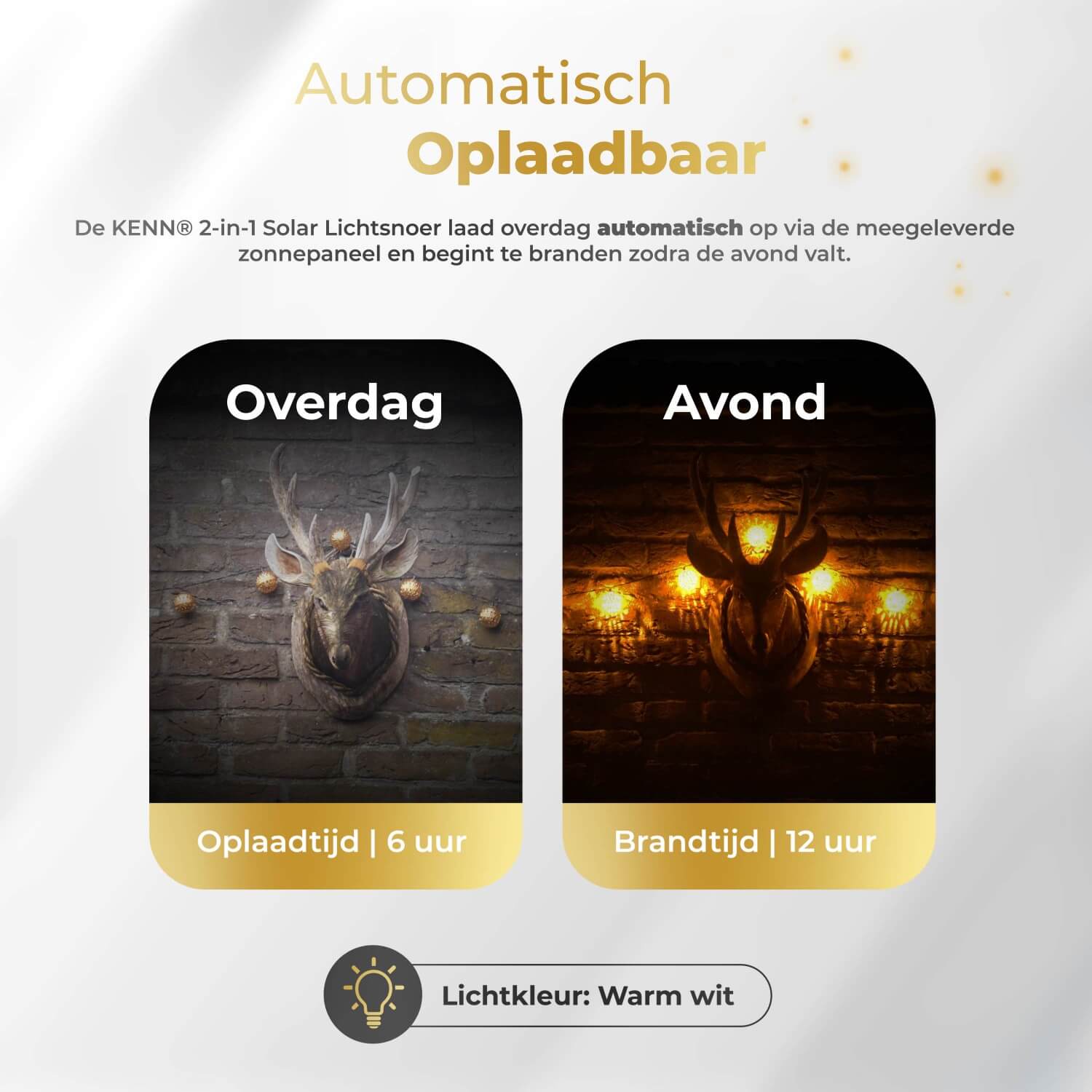 KENN® 2-in-1 Marrakech lichtsnoer op zonne-energie – 8 meter lang LED lichtsnoer in goudkleur met geïntegreerd zonnepaneel en 8 instelbare lichtstanden, waaronder knipperend en constant. Solar buitenverlichting die automatisch inschakelt bij schemering. Weerbestendig, draadloos en ideaal voor sfeervolle decoratie van tuin, terras, balkon of feestlocatie.