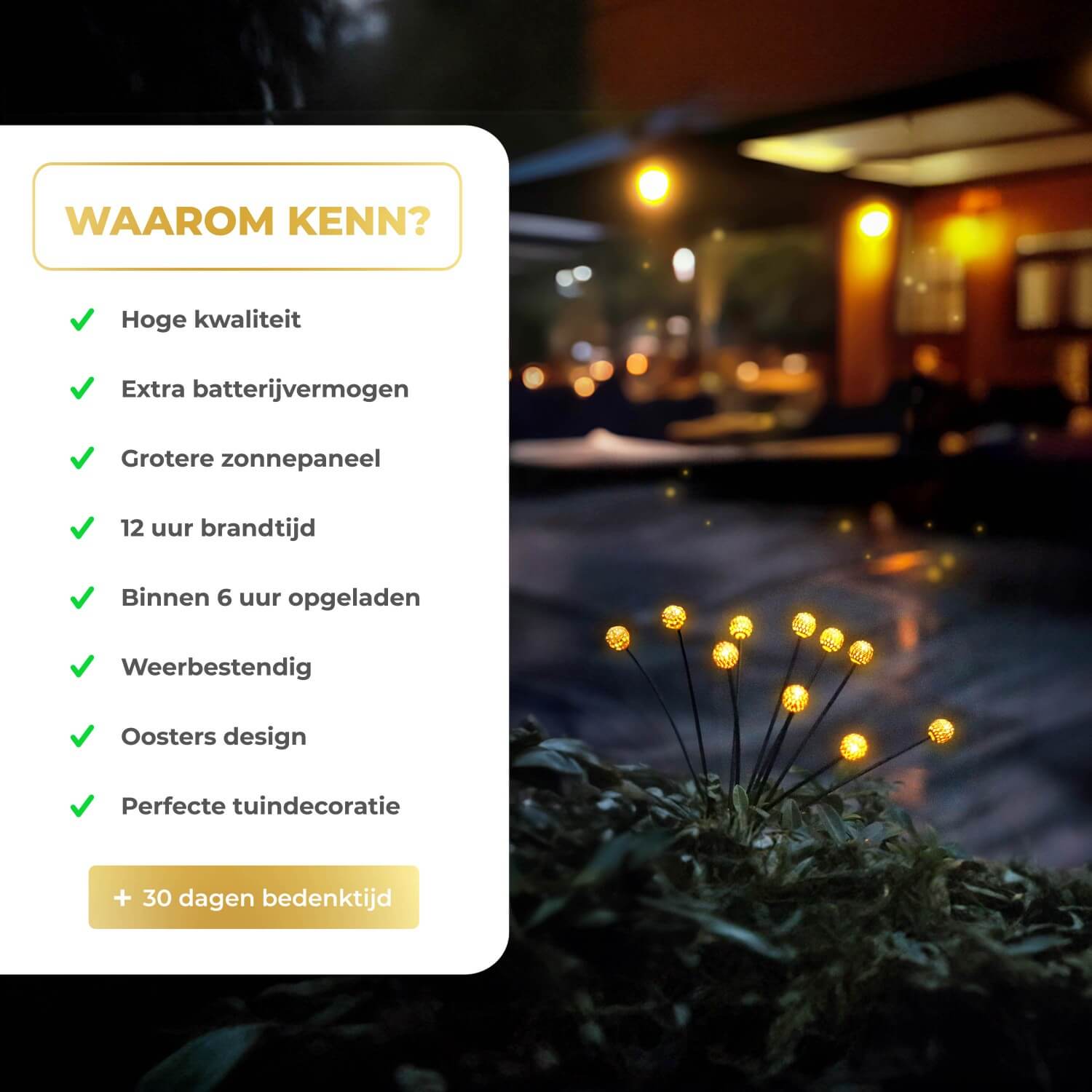 KENN® solar vuurvliegjes tuinverlichting Marrakech – sfeervolle LED buitenverlichting op zonne-energie met flexibel draadontwerp en warm wit licht. Automatische verlichting bij schemering dankzij geïntegreerd zonnepaneel. Ideaal als decoratieve tuinlampjes langs tuinpad, terras of balkon. Weerbestendig (IP65), draadloos en eenvoudig te plaatsen zonder bedrading.