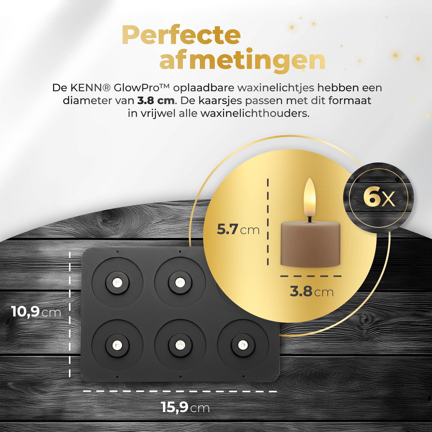 KENN® GlowPro™ oplaadbare waxinelichtjes in bruin/caramel kleur afmetingen