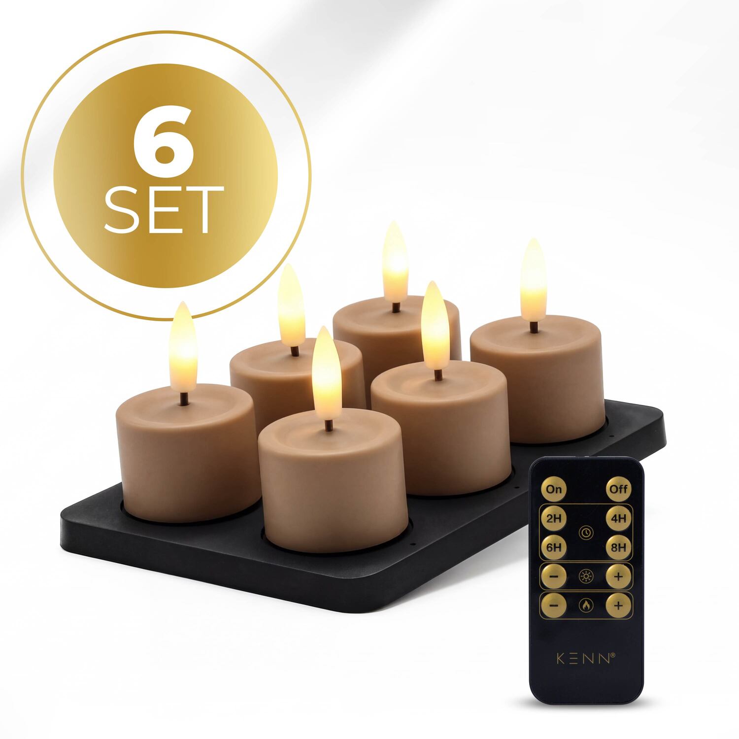 KENN® GlowPro™ oplaadbare waxinelichtjes in bruin/caramel kleur met oplaadstation en afstandsbediening