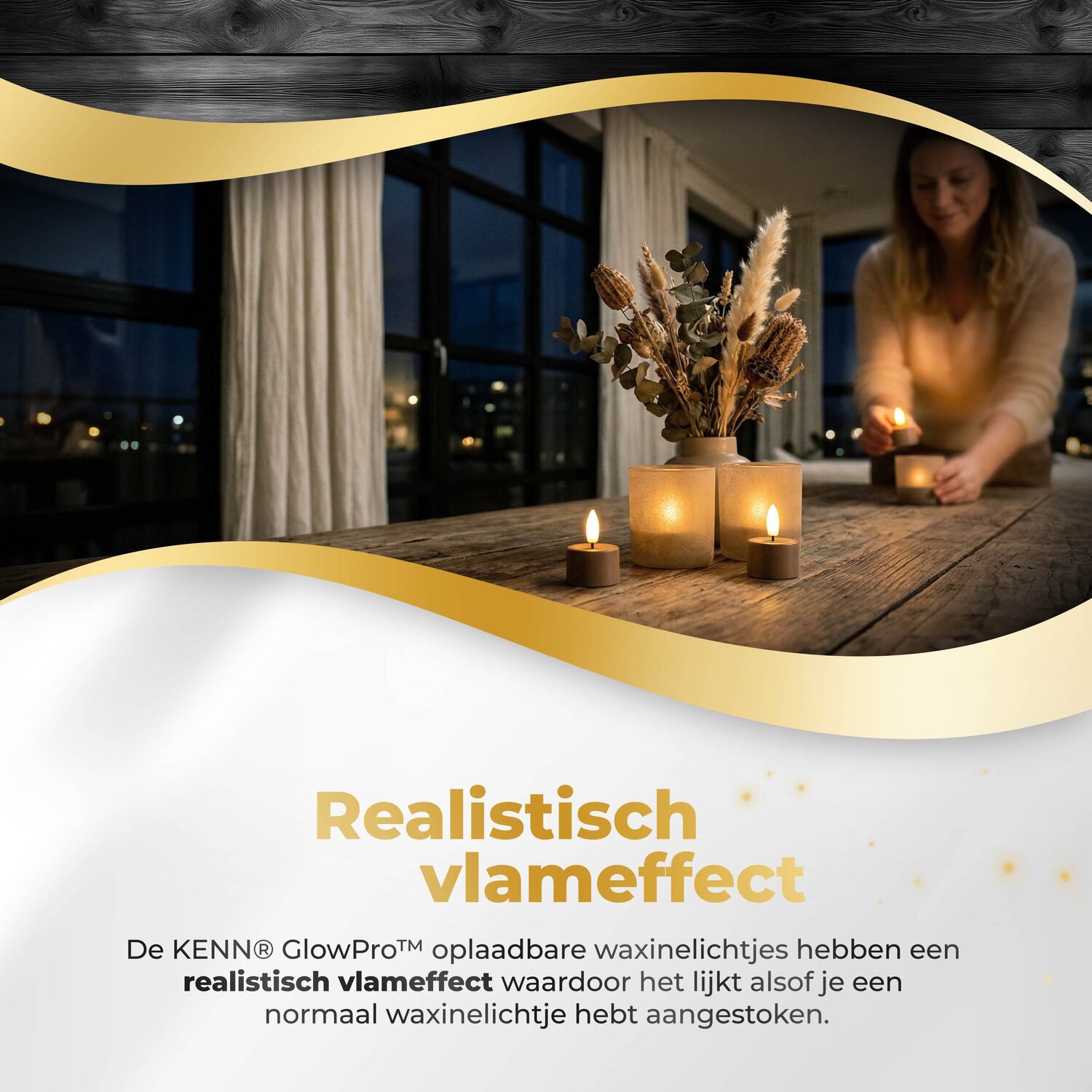 KENN® GlowPro™ oplaadbare waxinelichtjes in bruin/caramel kleur met realistisch vlameffect