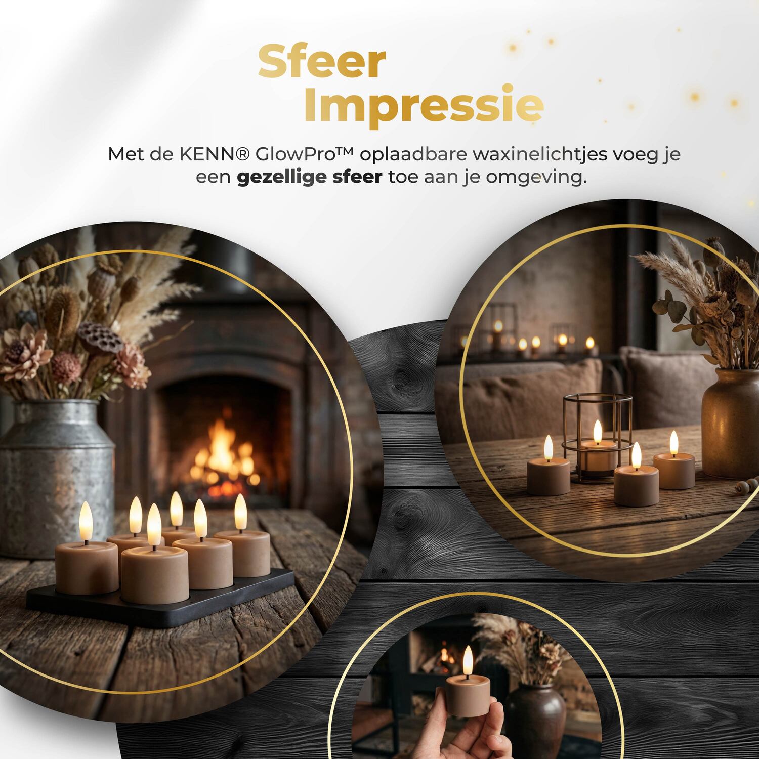 KENN® GlowPro™ oplaadbare waxinelichtjes in bruin/caramel kleur sfeerimpressie