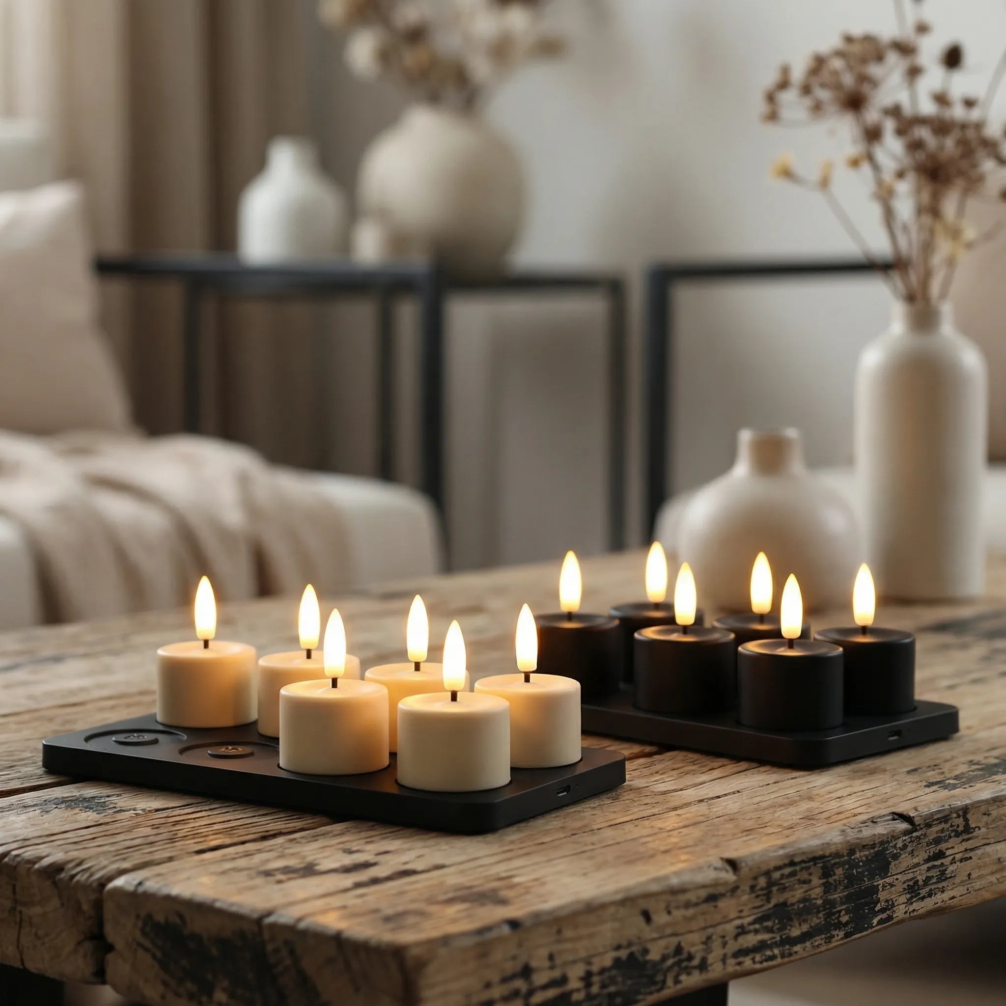 GlowPro™ Oplaadbare Waxinelichtjes op een houten tafel in een woonkamer. Gezellige sfeer.