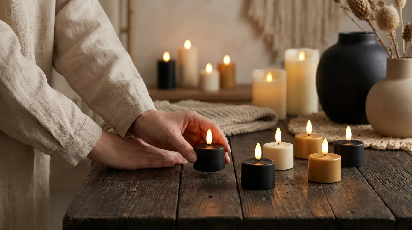 Losse Glowpro oplaadbare waxinelichtjes op een robuust houten tafel