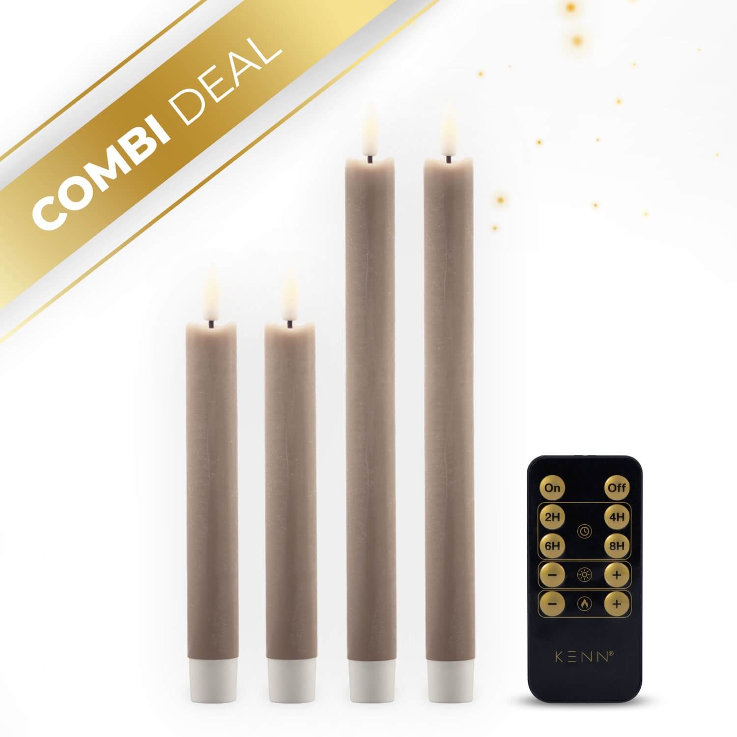 KENN® taupe dinerkaarsenbundel 4-delig op batterij met afstandsbediening